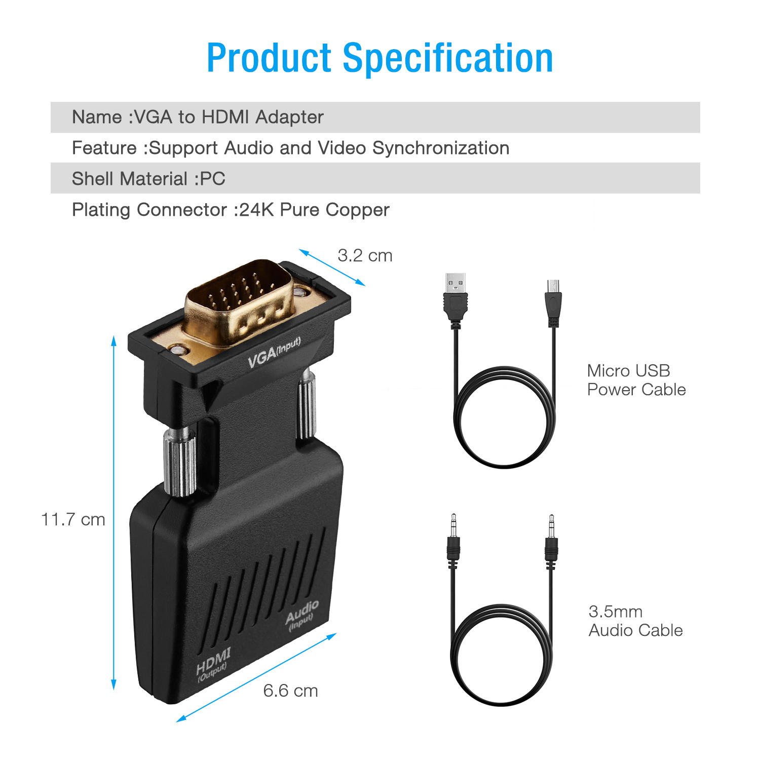 VGA to HDMI Adapter Converter with Audio Active Male VGA in Female HDMI 1080p Video adaptador for Computer Laptop Projector, Black