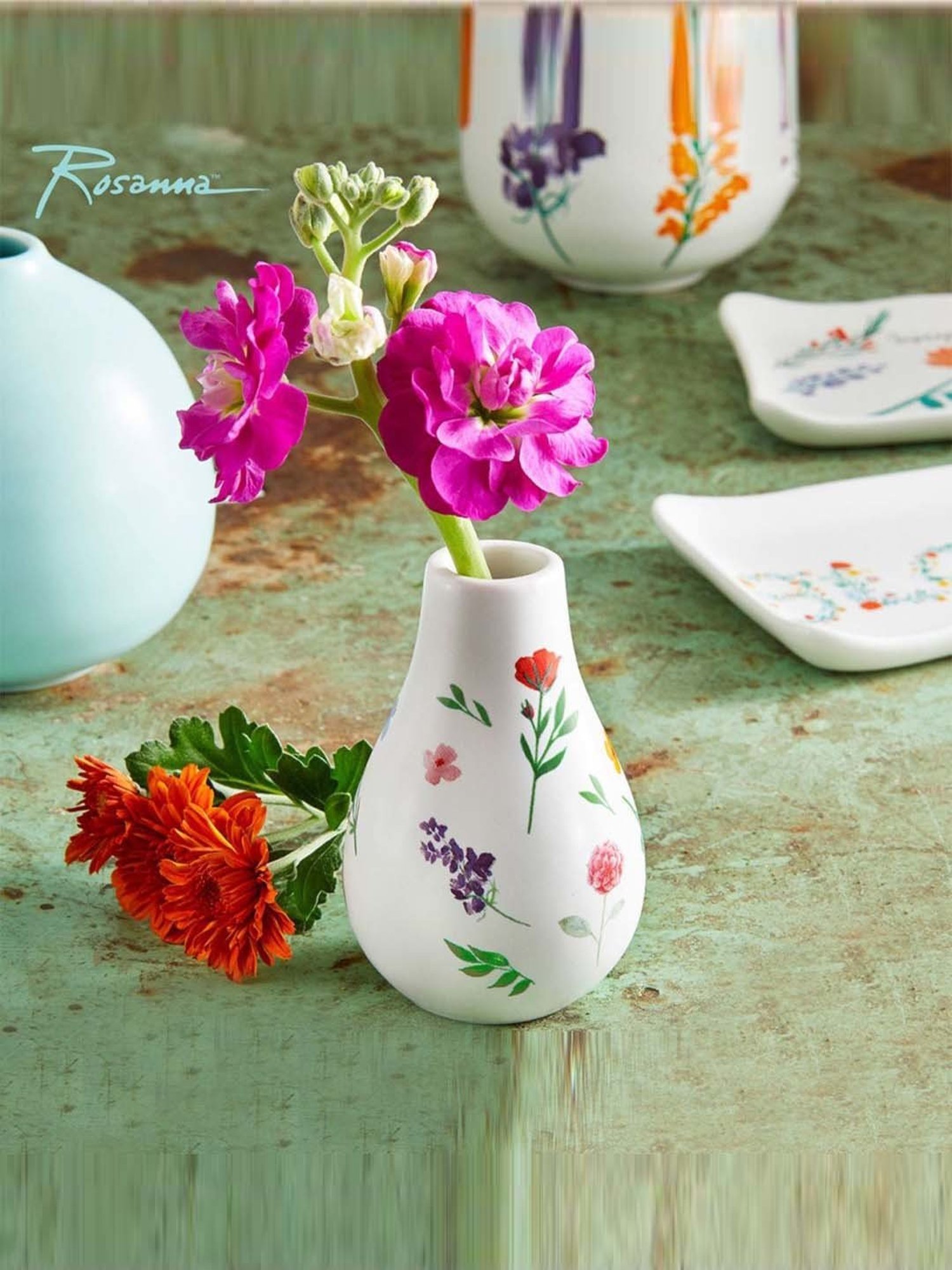 Rosanna Multi Bloom Bud Medium Floral Print Teardrop Vase