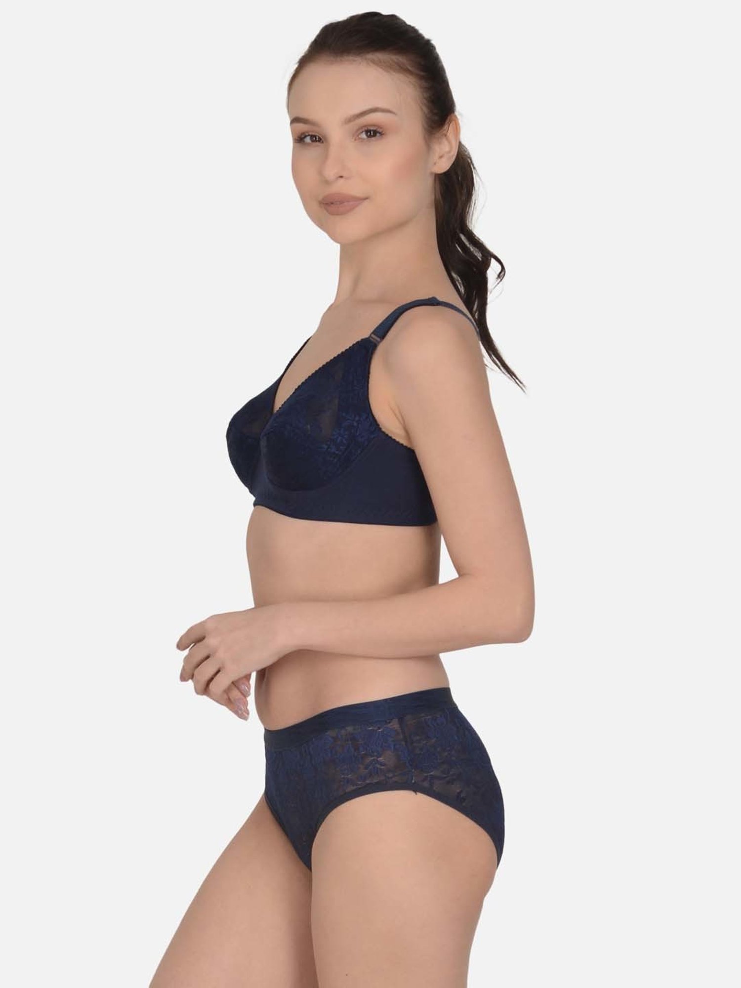 mod & shy Navy Self Pattern Non-Padded Lingerie Set
