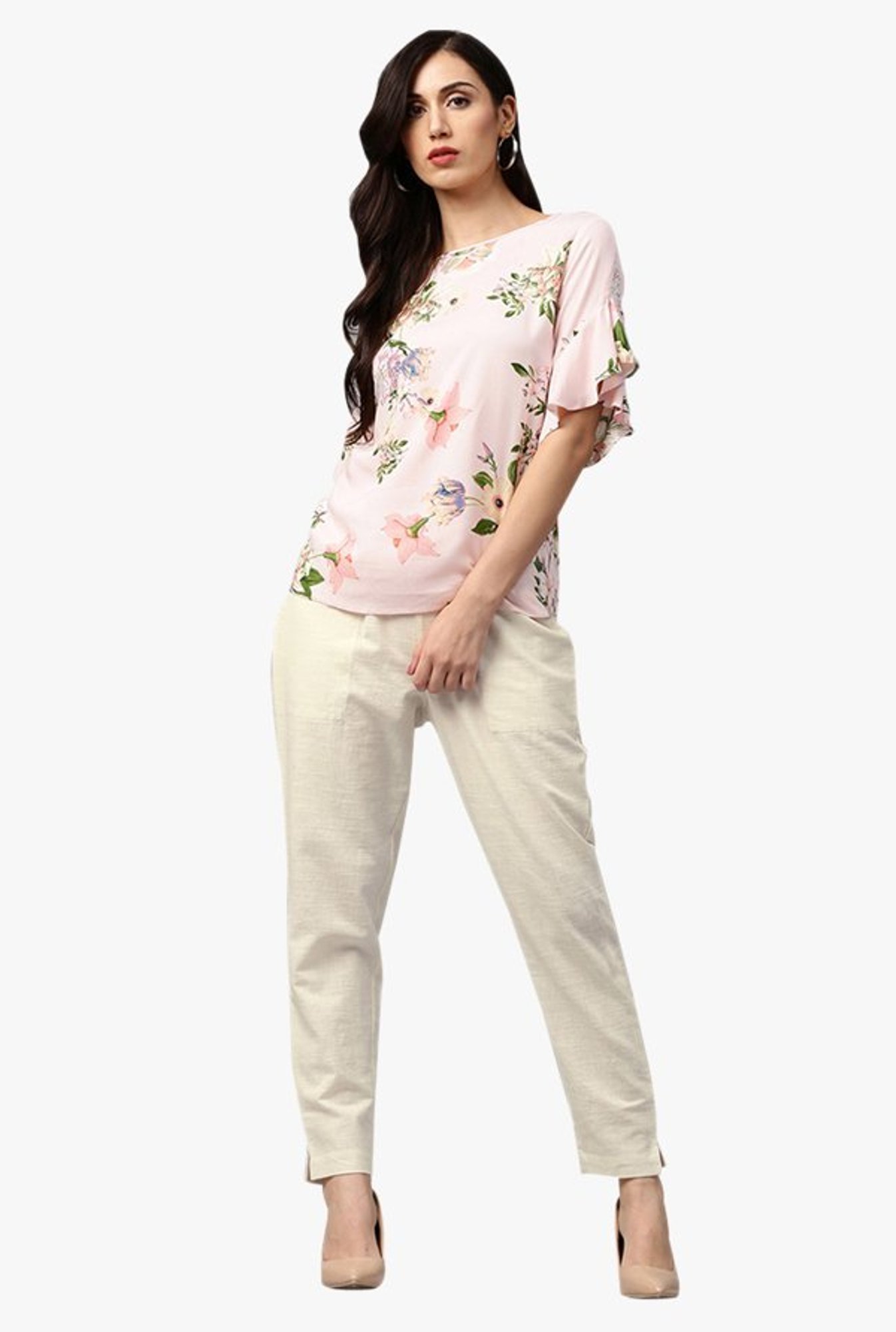 Jaipur Kurti Cream Regular Fit Cotton Pleated Pants