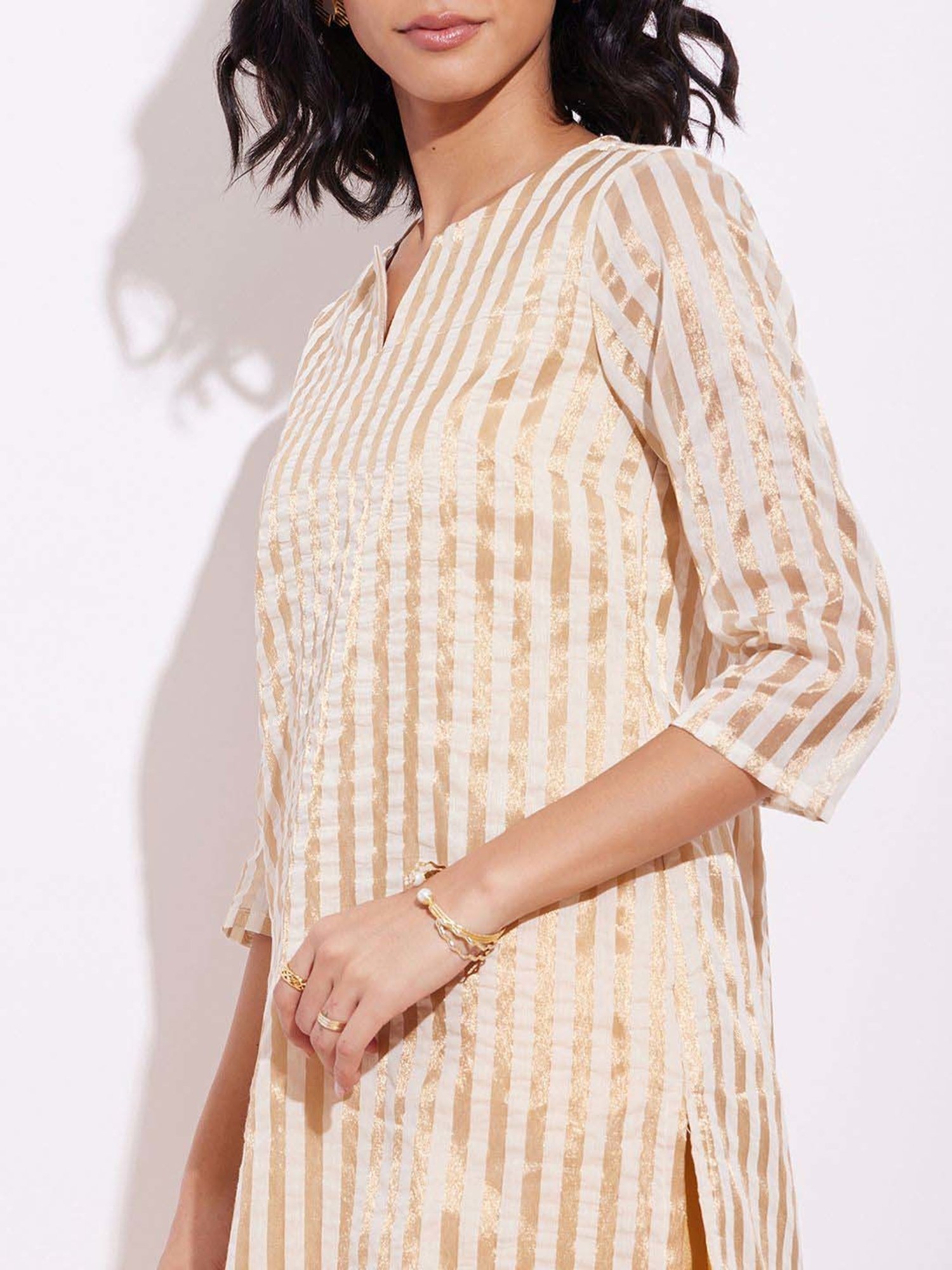 Pink Fort Beige Striped Kurta Palazzo Set