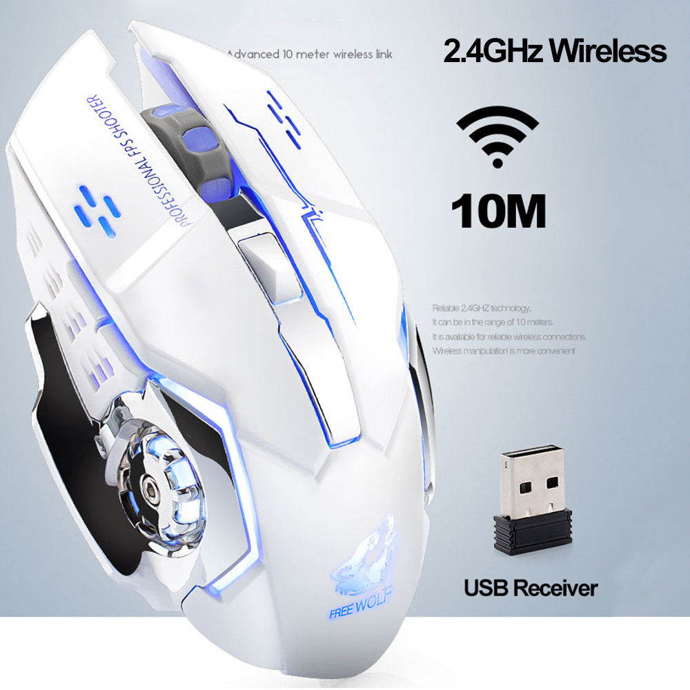 Wireless Mouse 2.4GHz X8 1800DPI Rechargeable Silent 6 Buttons 7 Colors LED Backlit Breath Usb Optical Gaming Mouse For Laptop Computer Notebook Desktop Game Office