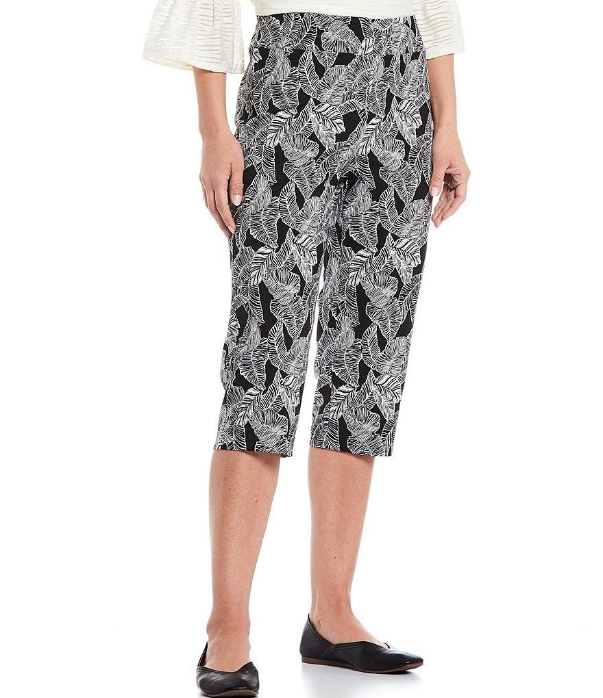 Allison Daley Tropical Breeze Print Wide Waistband Pull-On Embellished Hem Detail Capri Pants