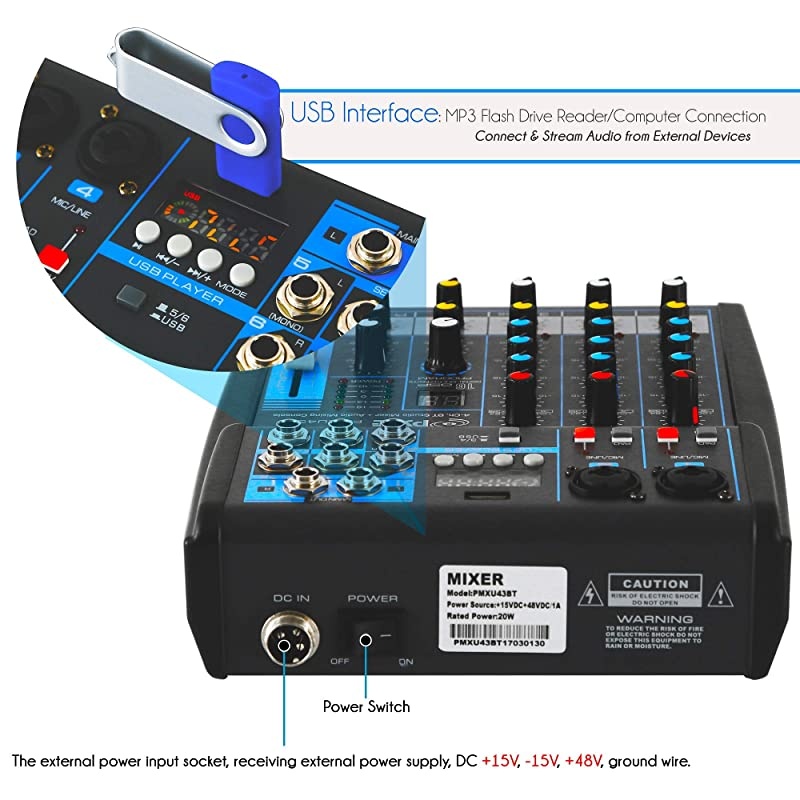 Professional Audio Mixer Sound Board Console System Interface 4 Channel Digital USB Bluetooth MP3 Computer Input 48V Phantom Power Stereo DJ Studio Streaming FX 16Bit DSP processorPMXU43BT