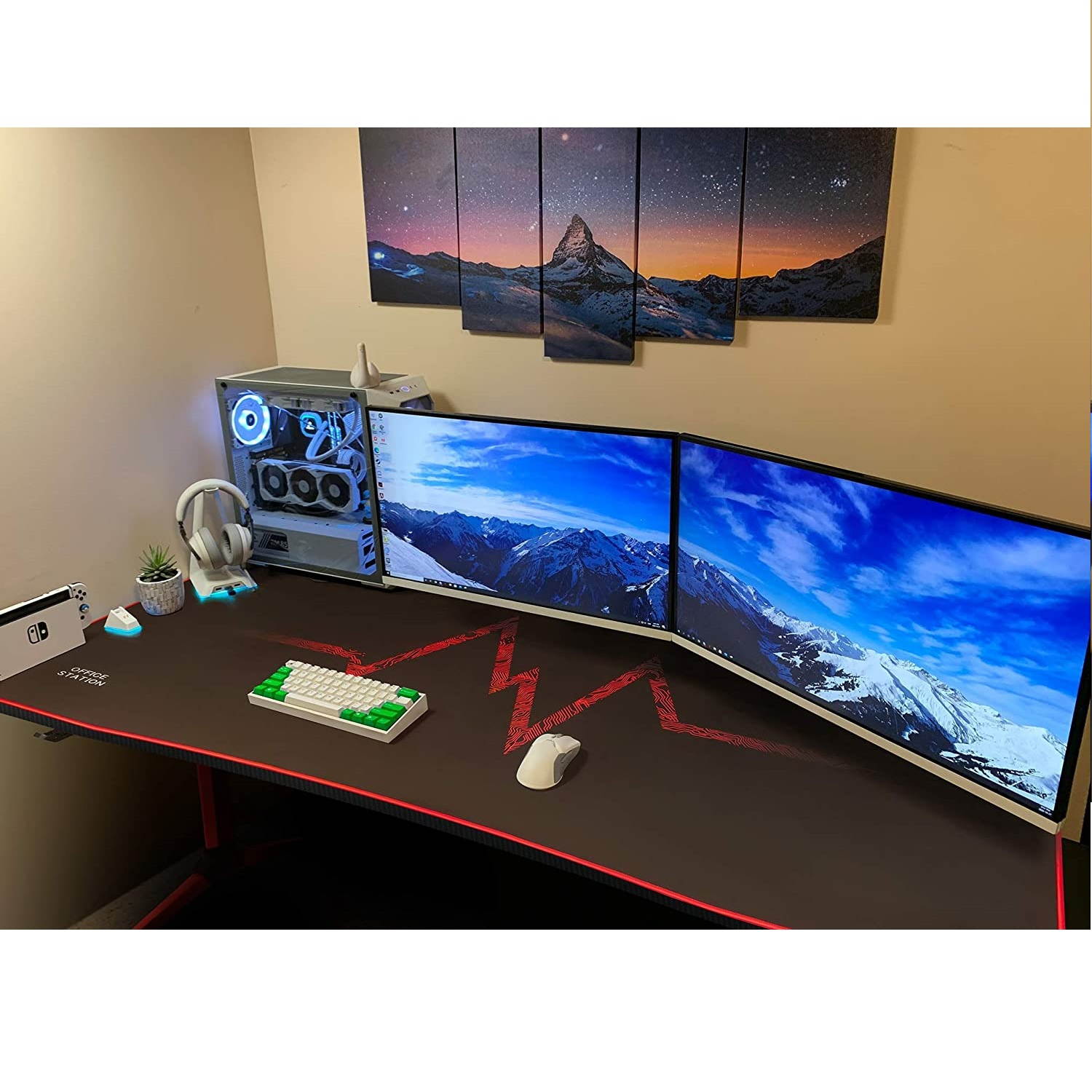 Furmax 55 Inch Gaming Desk Racing Style PC Computer Desk Y-shaped Table Home Office Desk with Large Carbon Fiber Surface, Free Mouse Pad, Headphone Hook, Gaming Handle Rack and Cup Holder (Black)