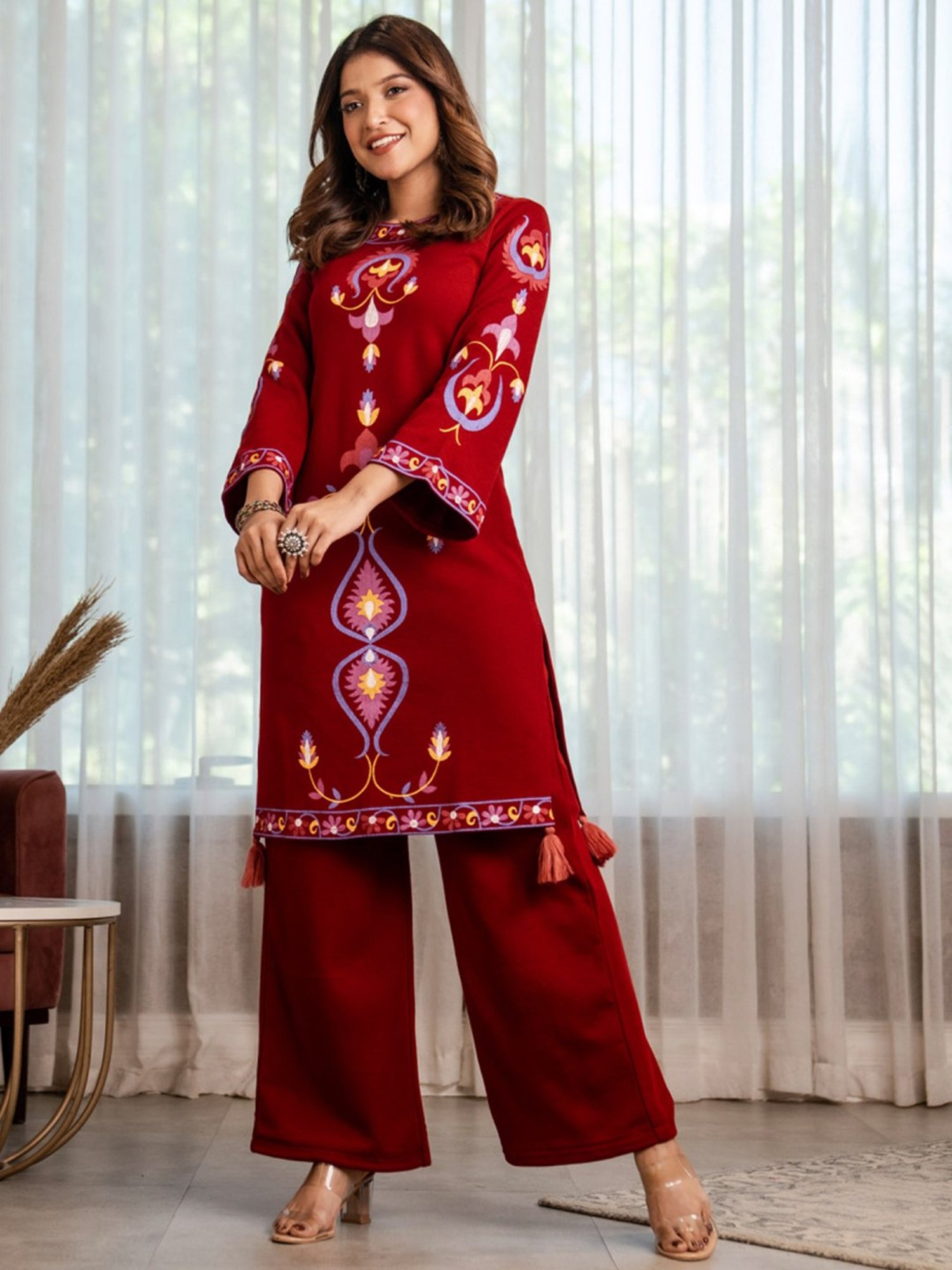 Rustorange Maroon Printed Straight Kurta