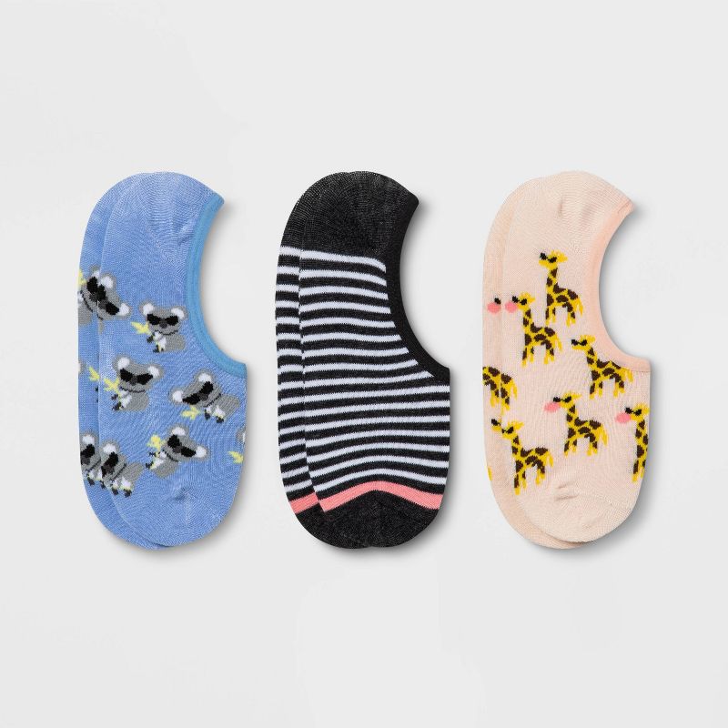 Women's Koala & Giraffe 3pk Liner Socks - Xhilaration™ Blue/Gray/Pink 4-10