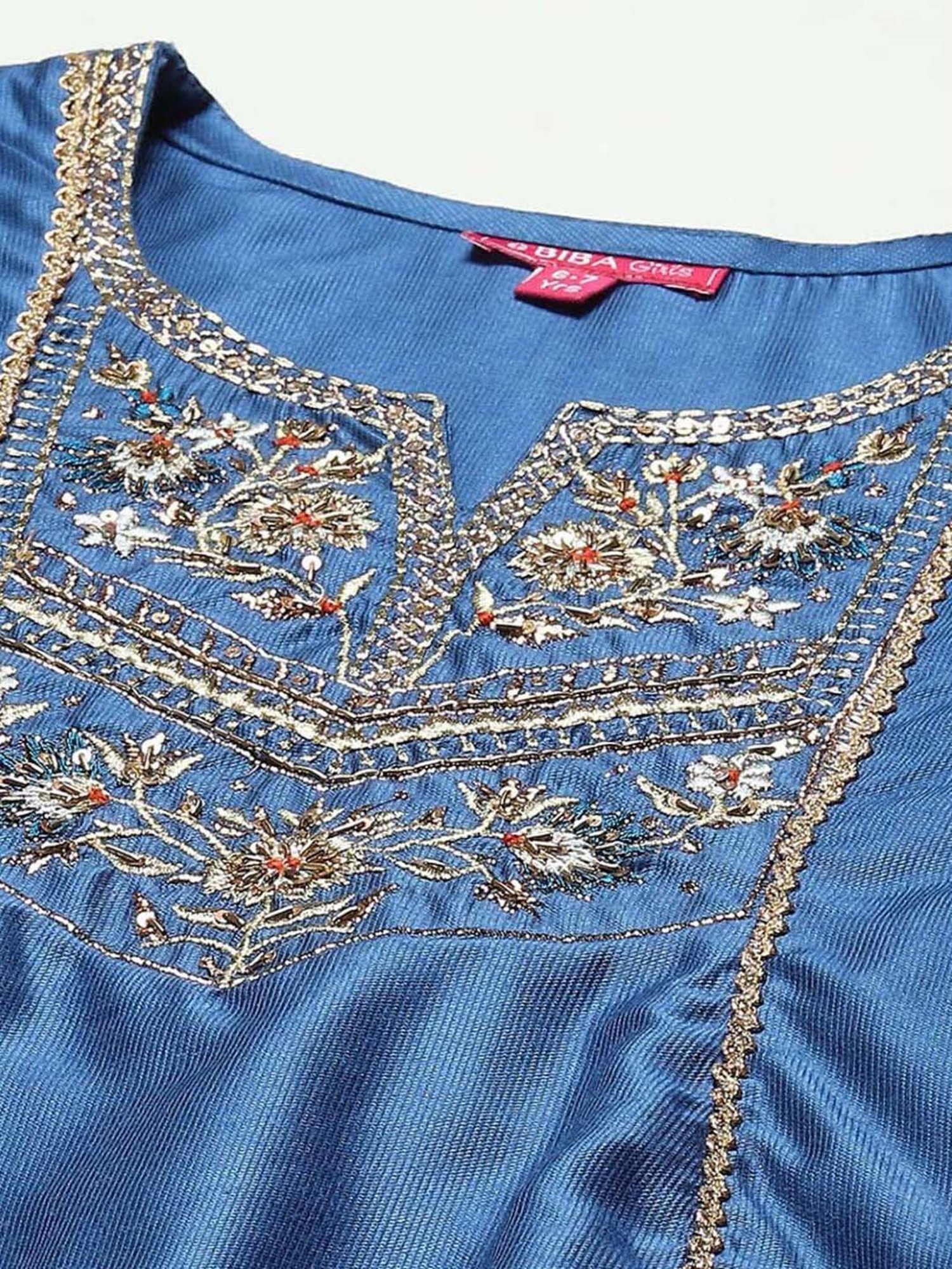 BIBA Girls Kids Blue & Orange Embroidered Kurta Set