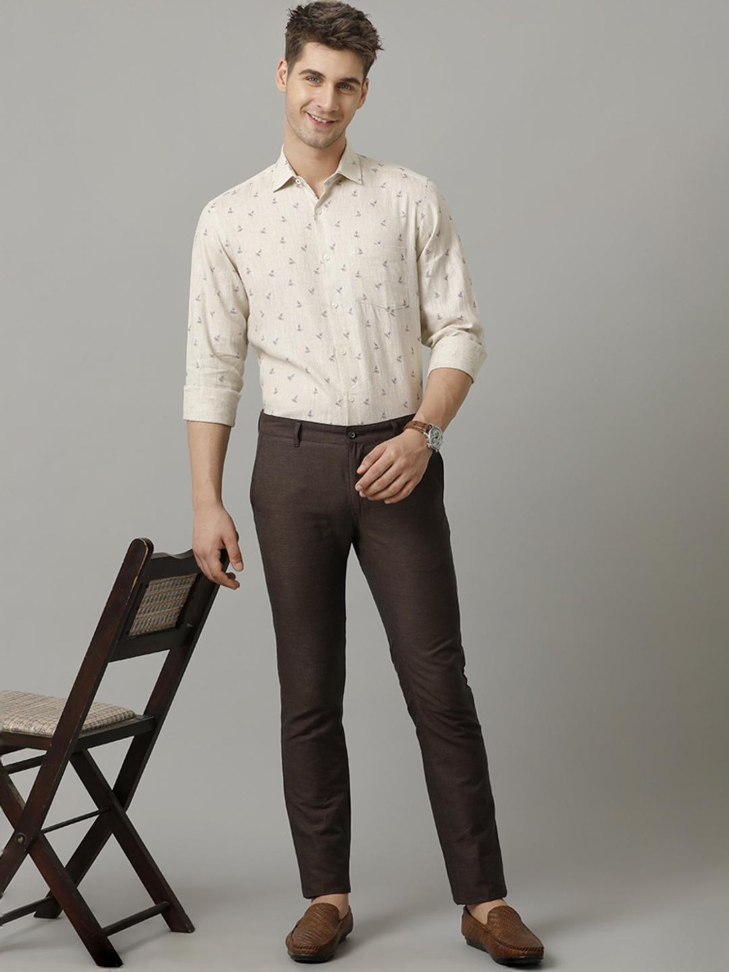 Linen Club Beige Linen Contemporary Fit Printed Shirt