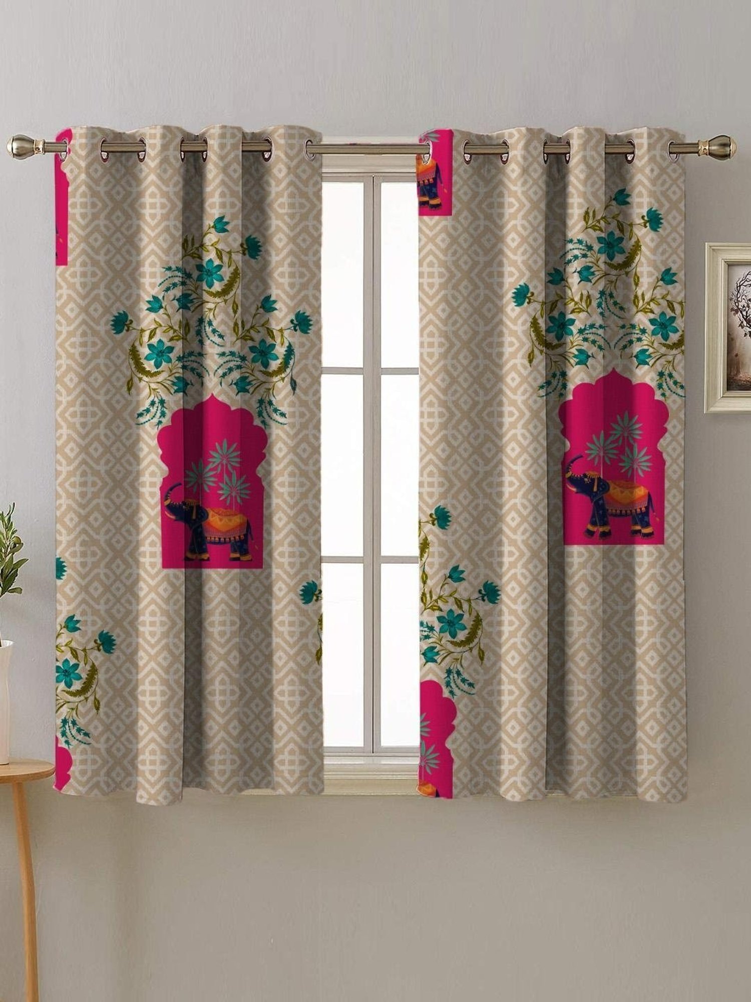 SPACES DRAPE STORY Elegent Digital Print Pink & Beige Polyester 5 ft Window Curtains - Set of 2