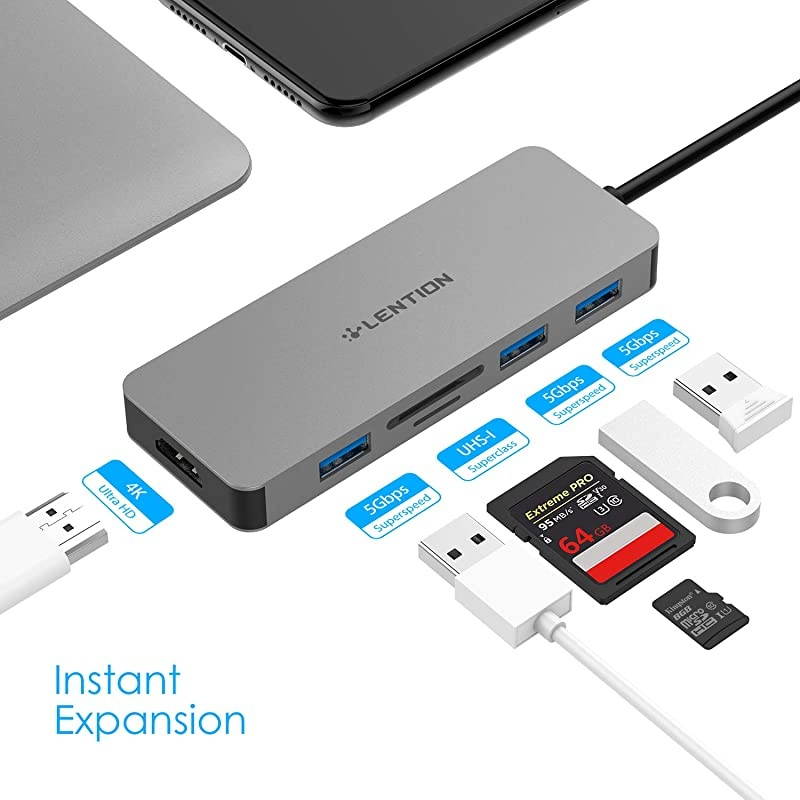 USB C Hub with 4K HDMI, 3 USB 3.0, SD/Micro SD Card Reader Compatible 2020-2016 MacBook Pro 13/15/16, New Mac Air/Surface, Chromebook, Multi-Port Adapter (CB-C18, Space Gray)