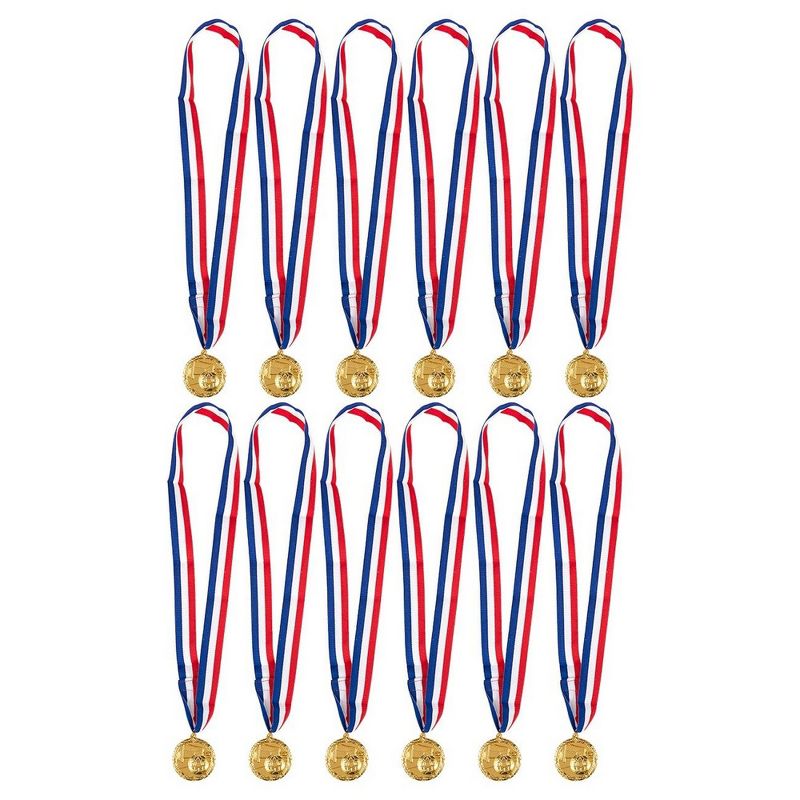 Juvale 12-Pack Gold Metal Medals Soccer Winner Awards for Kids Football Sport Games, 2" with 31" Ribbon