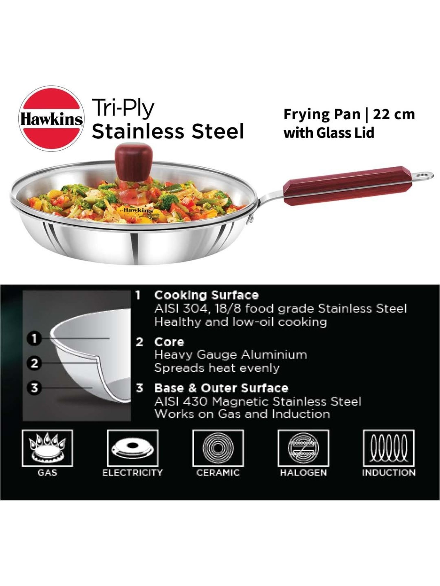 Hawkins Tri-Ply Stainless Steel Frying with Glass Lid Fry Pan 20 cm diameter with Lid 1.4 L