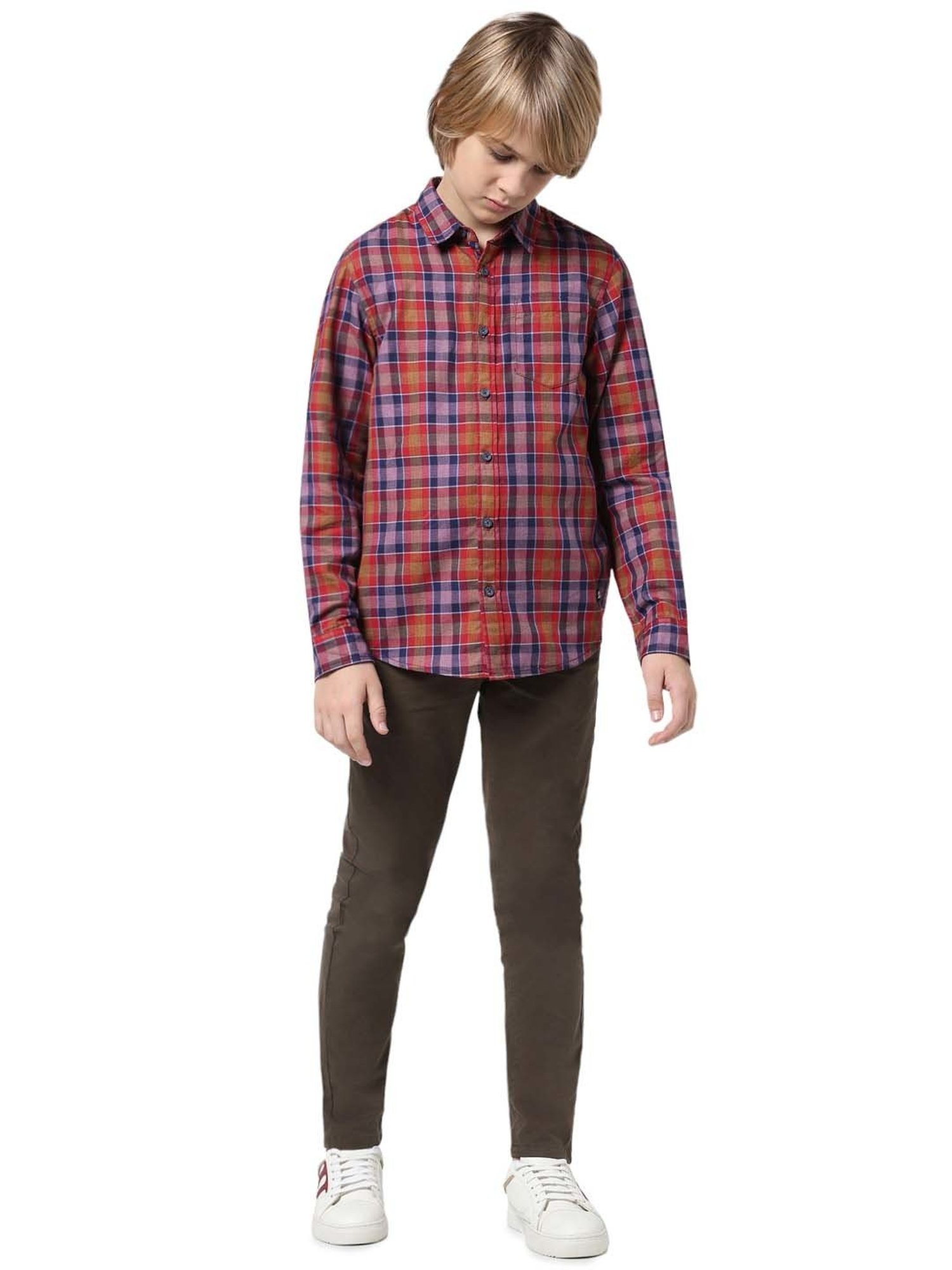 Jack & Jones Junior Red & Lilac Cotton Chequered Full Sleeves Shirt