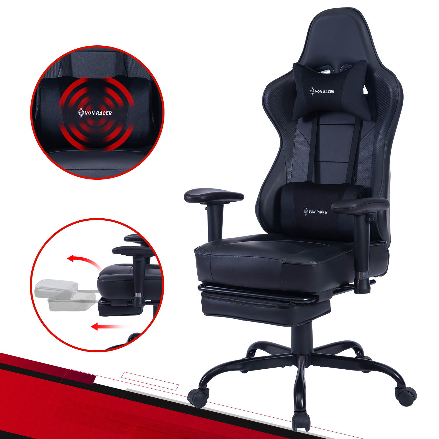 VON RACER Massage Gaming Chair - High Back Racing PC Computer Desk Office Chair Swivel Ergonomic Executive Leather Chair with Footrest and Adjustable Armrests(Grey)