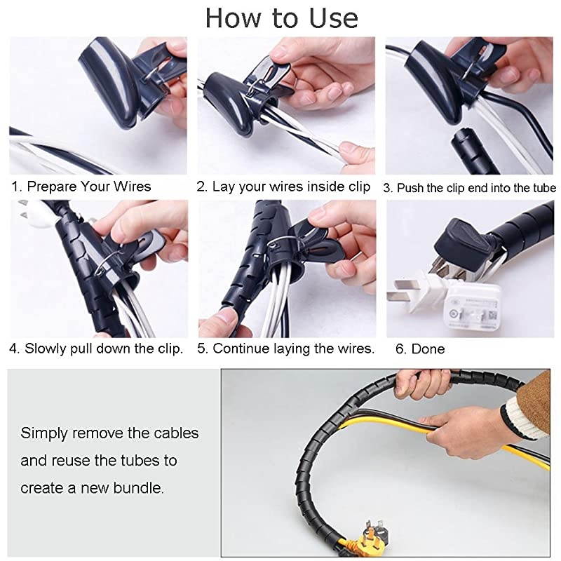 Black Cable Wire Organizer Cord Sleeve Management Cord Hider for Computer TV Desk  5 Feet EZ Cable Sleeve Bundler Flexible Expandable Home Office Management Wire Concealer with Clip Tool