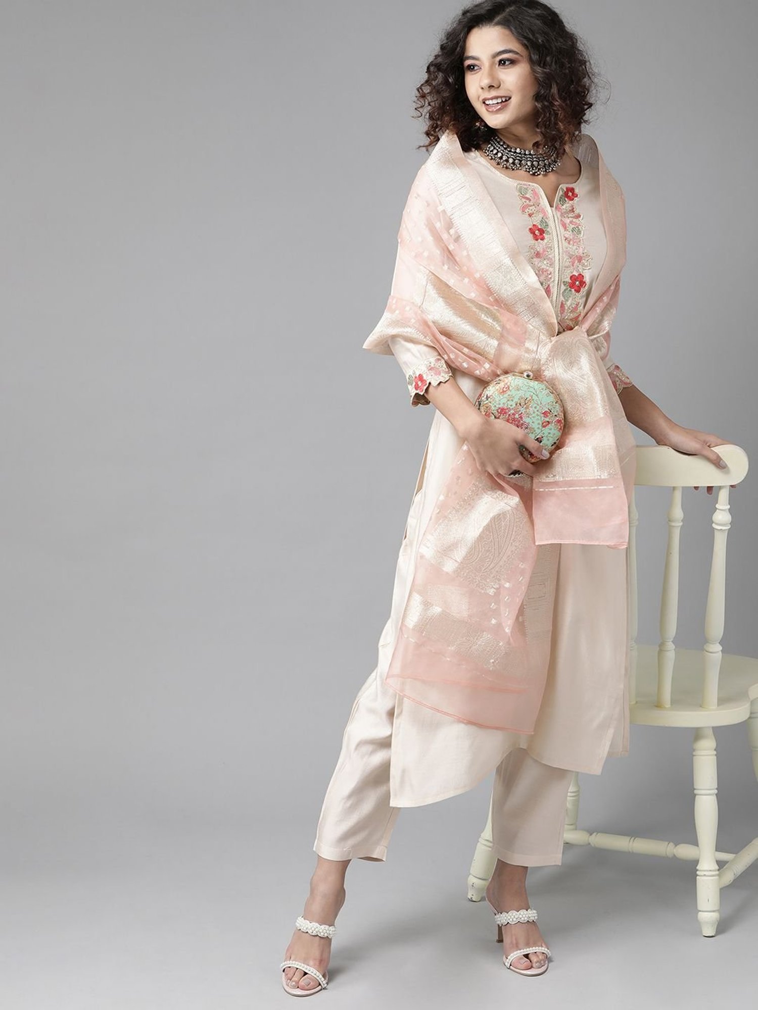 Indo Era Pink Woven Pattern Dupatta