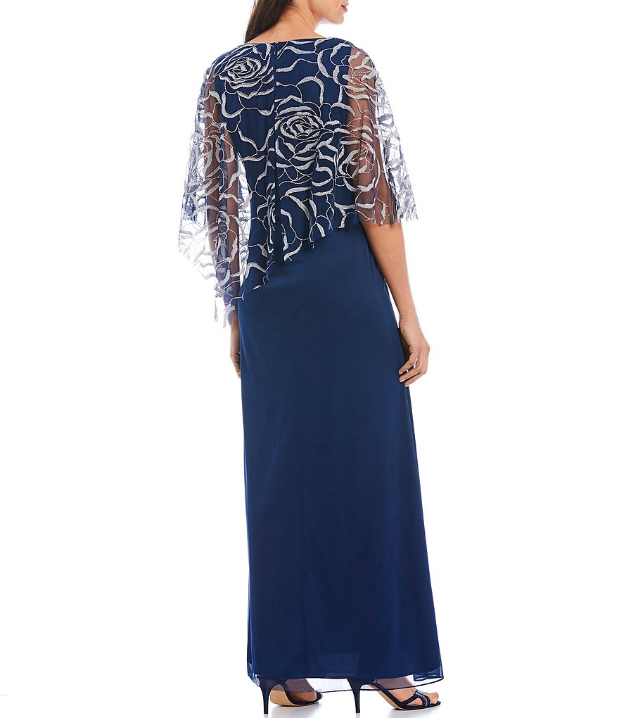 Kay Unger Long Bishop Sleeve V-Neck Crepe A-Line Dress