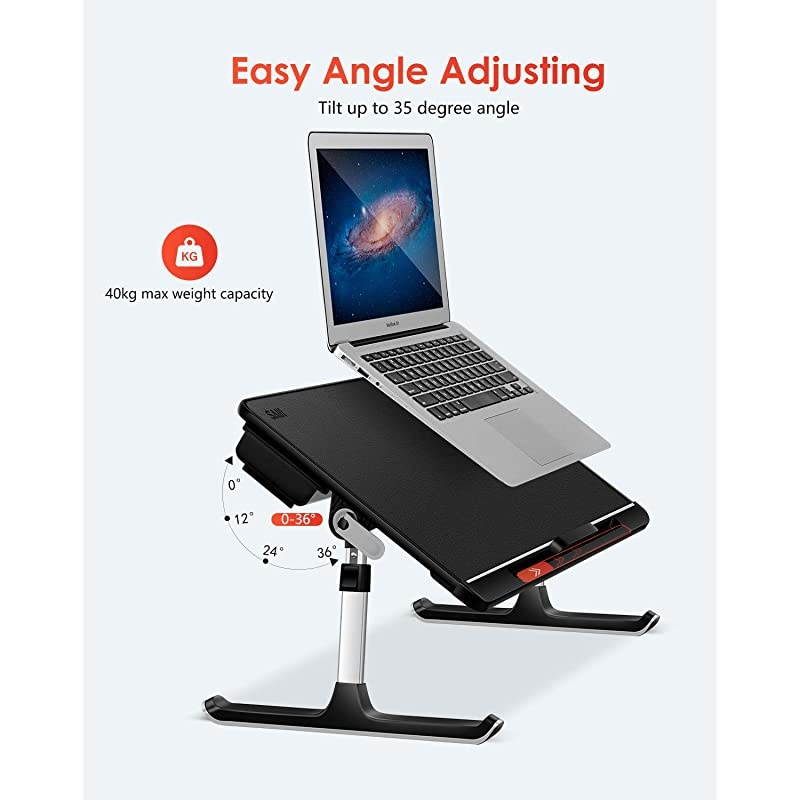 Laptop Table Stand Desk Adjustable PVC Leather Laptop Bed Table Portable Standing Desk with Storage Drawer Foldable Lap Tablet Desk for Sofa Couch Floor LargeBlack