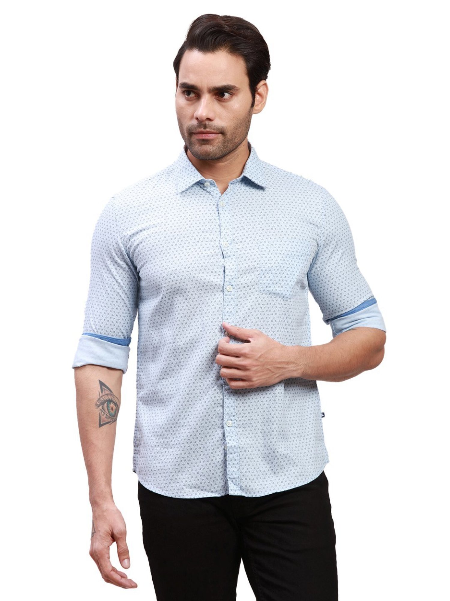 Parx Blue Cotton Slim Fit Printed Shirt