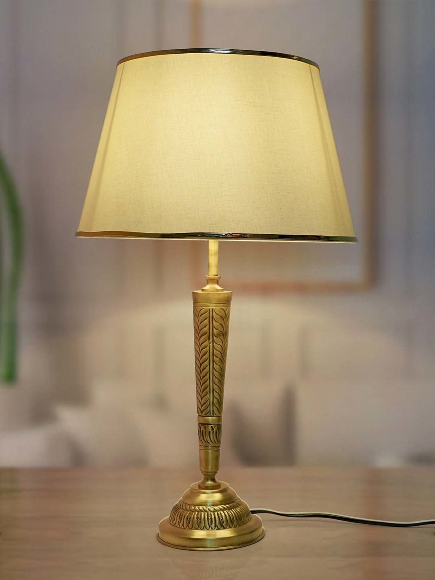 FOS LIGHTING Conical Antique Golden & Off-White Brass Table Lamp With Fabric Shade