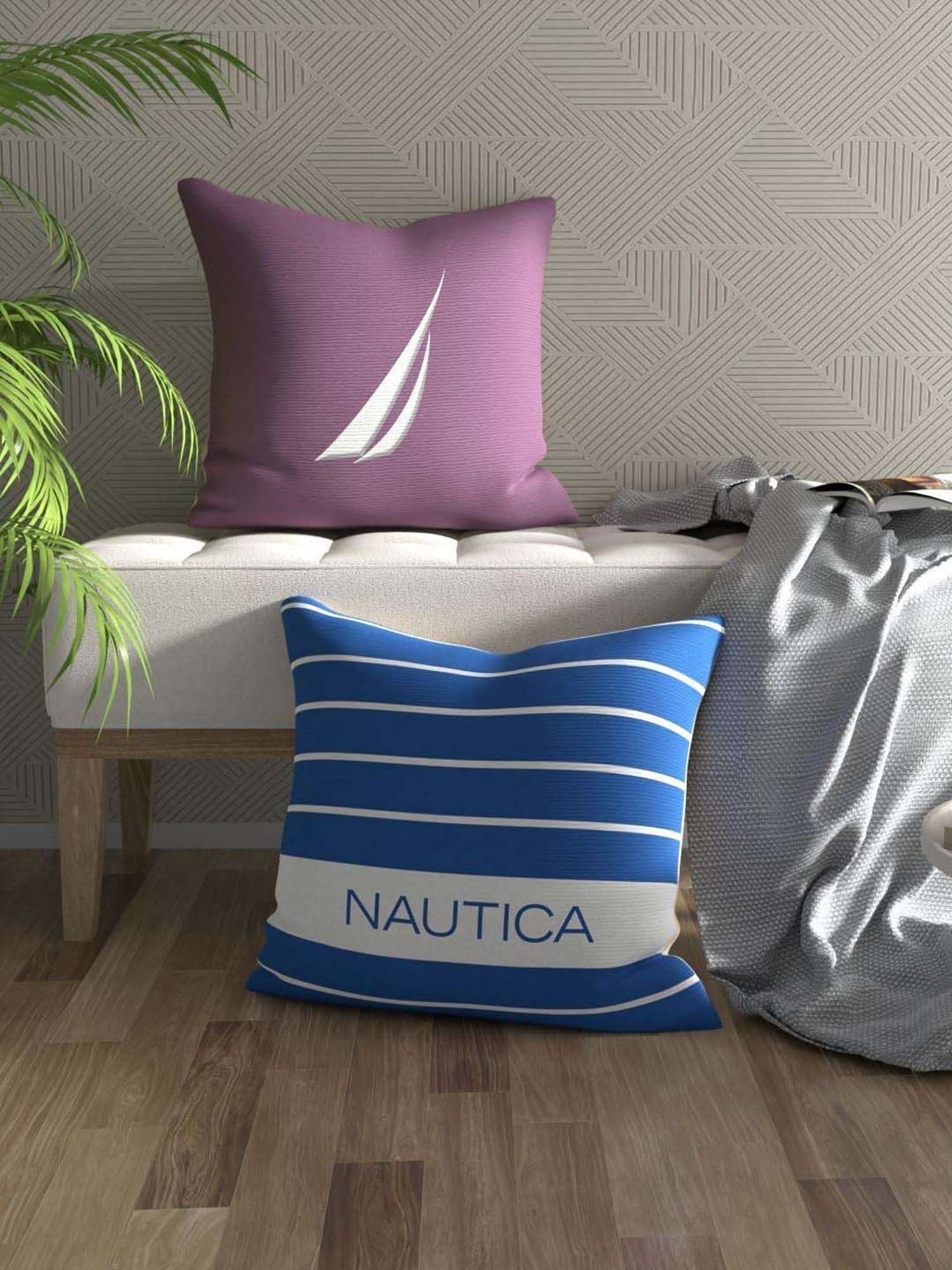 Nautica Logo Stripe Grape & Blue Microfibre 300 GSM Premium Cushion Covers - Set of 2