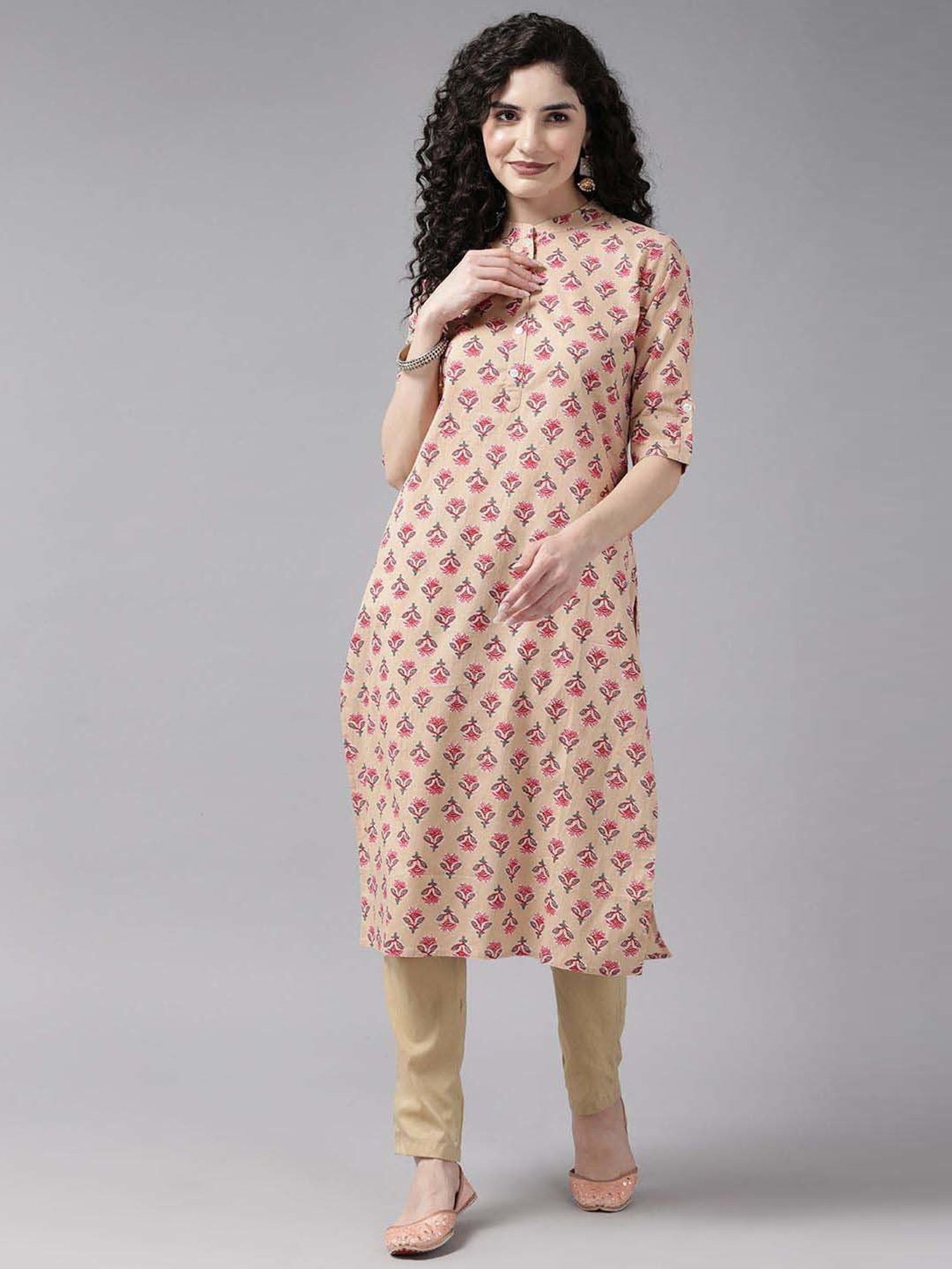 Cayman Beige Cotton Floral Print Straight Kurta