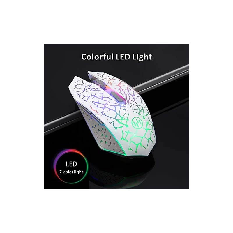 K6 Wireless Gaming Mouse Rechargeable Silent LED Optical Computer Mice with USB Receiver 3 Adjustable DPI Level and 6 Buttons Auto Sleeping Compatible LaptopPCNotebook White