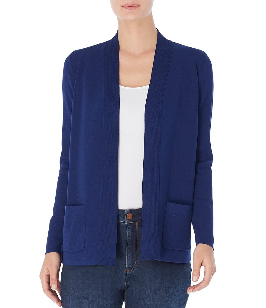 Jones New York Rib Trim Open-Front Long Sleeve Cardigan with Patch Pockets