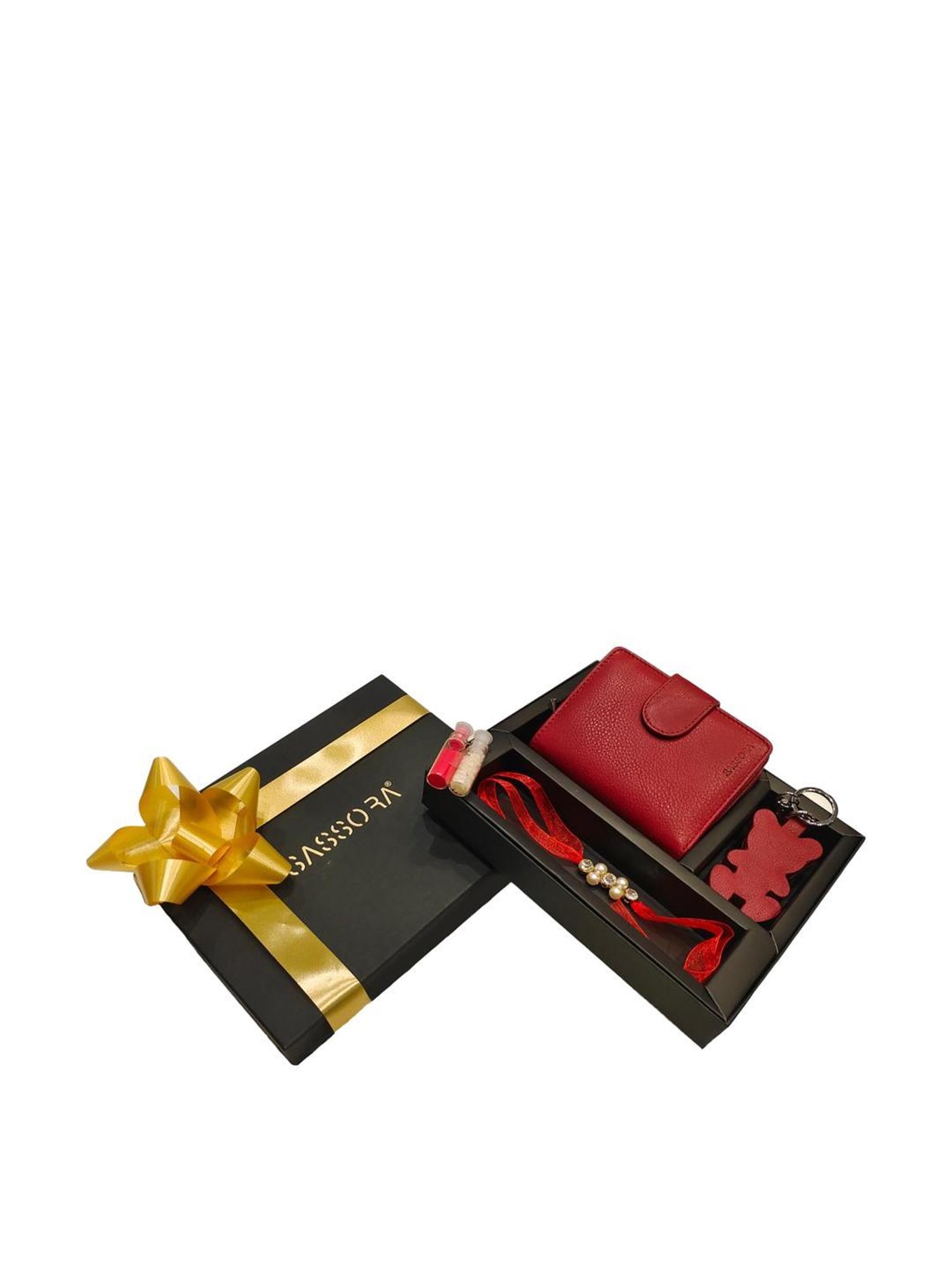 SASSORA Red Solid Rfid Wallet, Keychain & Rakhi Combo Set