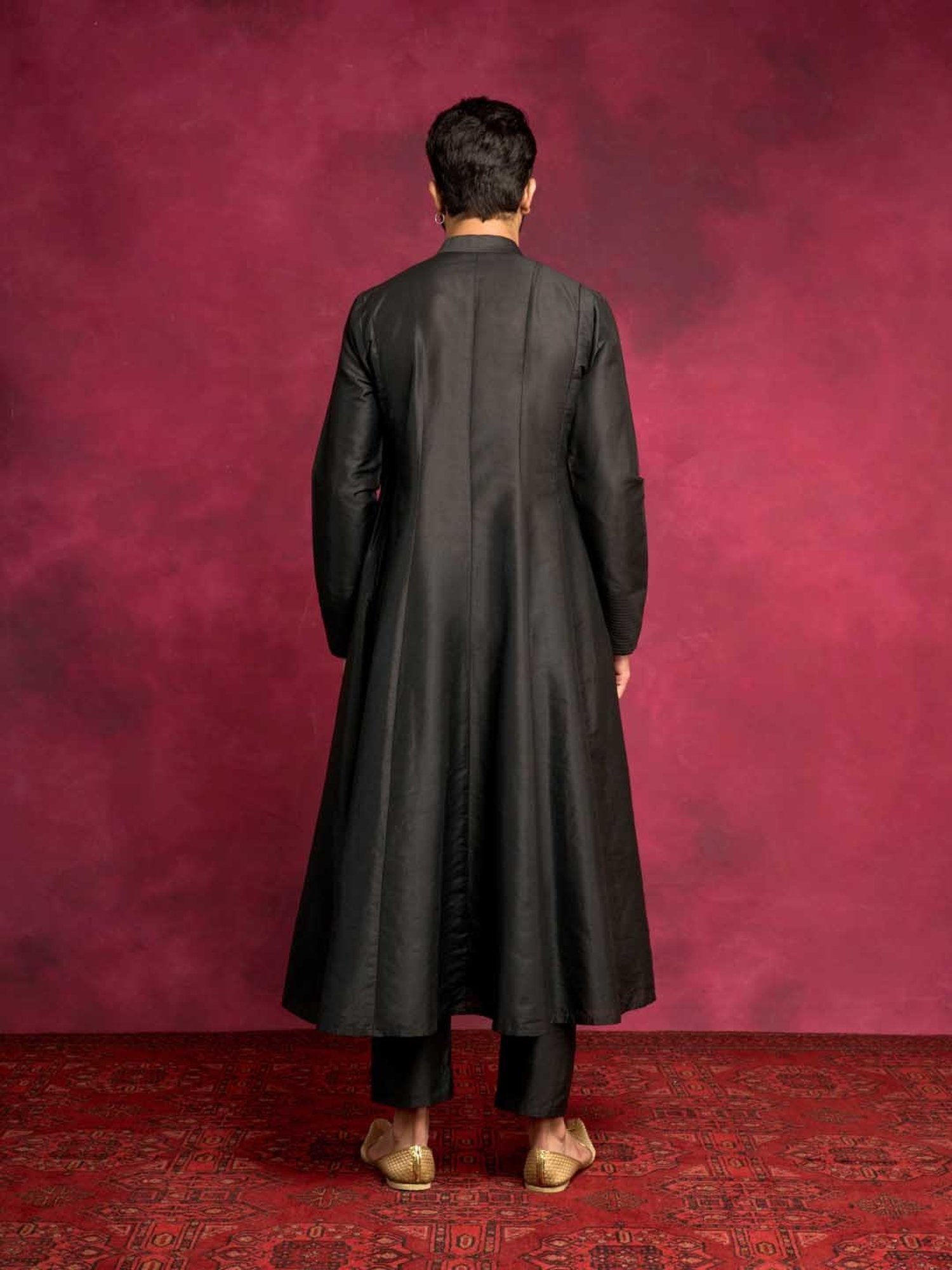 Abhishti Black Comfort Fit Paneled Angrakha Kurta & Straight Pants Set