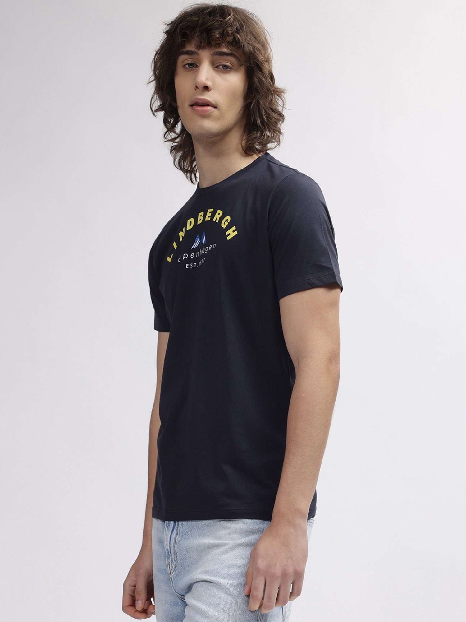 Lindbergh Blue Cotton Regular Fit Printed T-Shirt