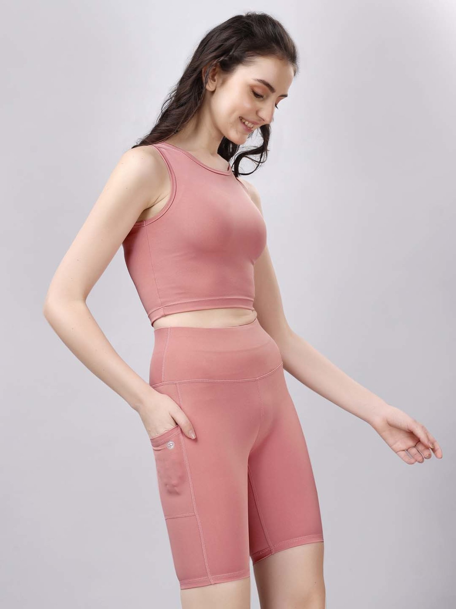 Soie Pink Plain Sports Tank Top Shorts Set
