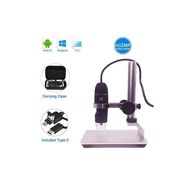 HD 2MP USB Digital Microscope 501000X Portable Magnification Endoscope Camera with 8 LEDs Aluminum Alloy Stable Stand for OTG Android Mac Windows 7 8 10 Linux