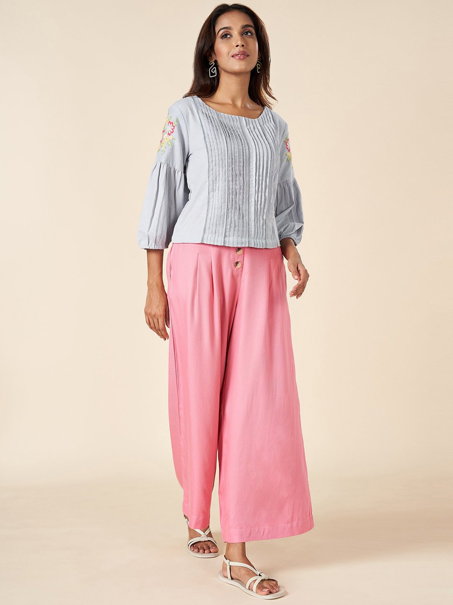 Akkriti by Pantaloons Grey Cotton Embroidered Top