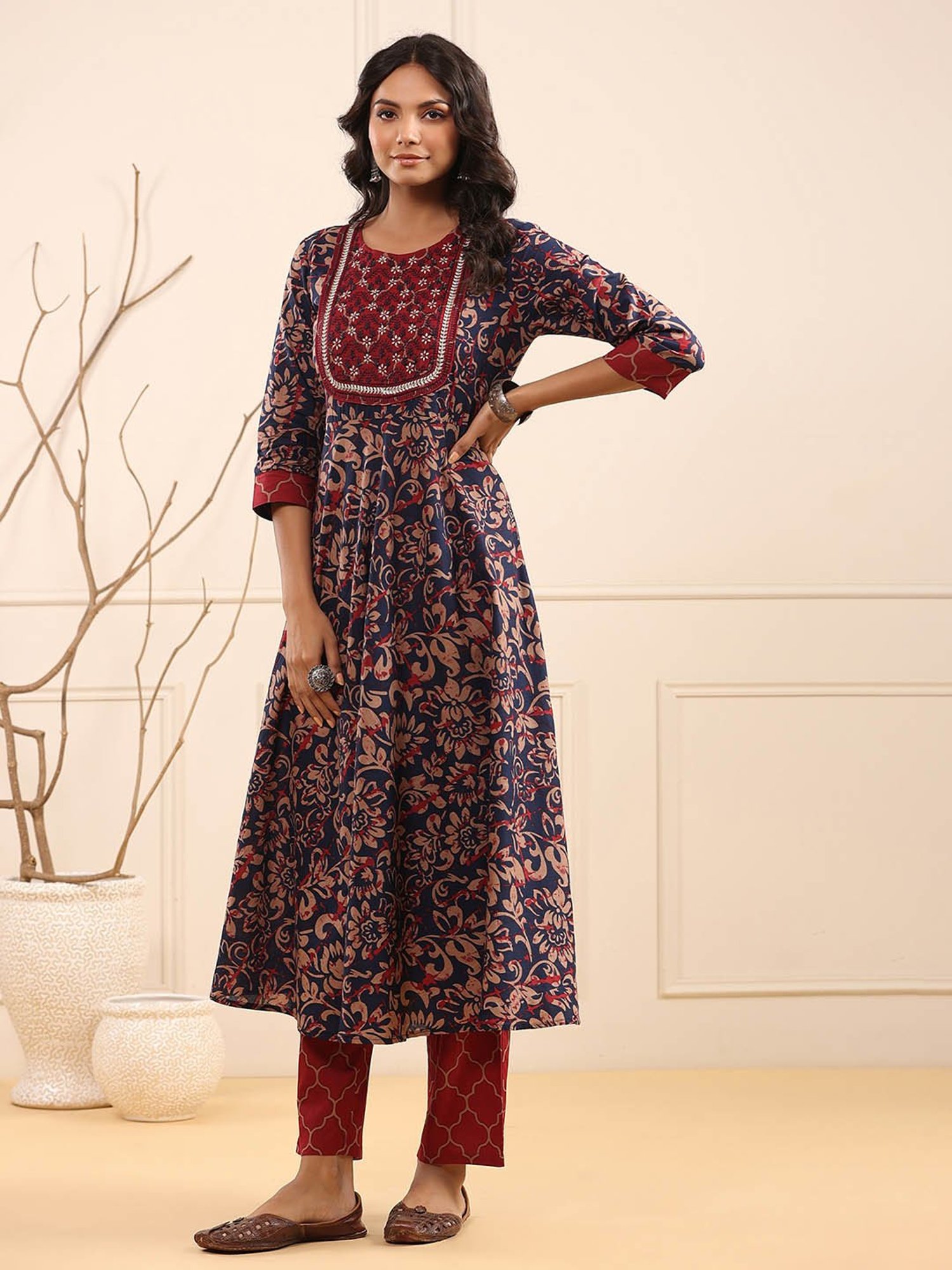 Rain and Rainbow Navy & Maroon Cotton Floral Print Kurta With Pant & Dupatta