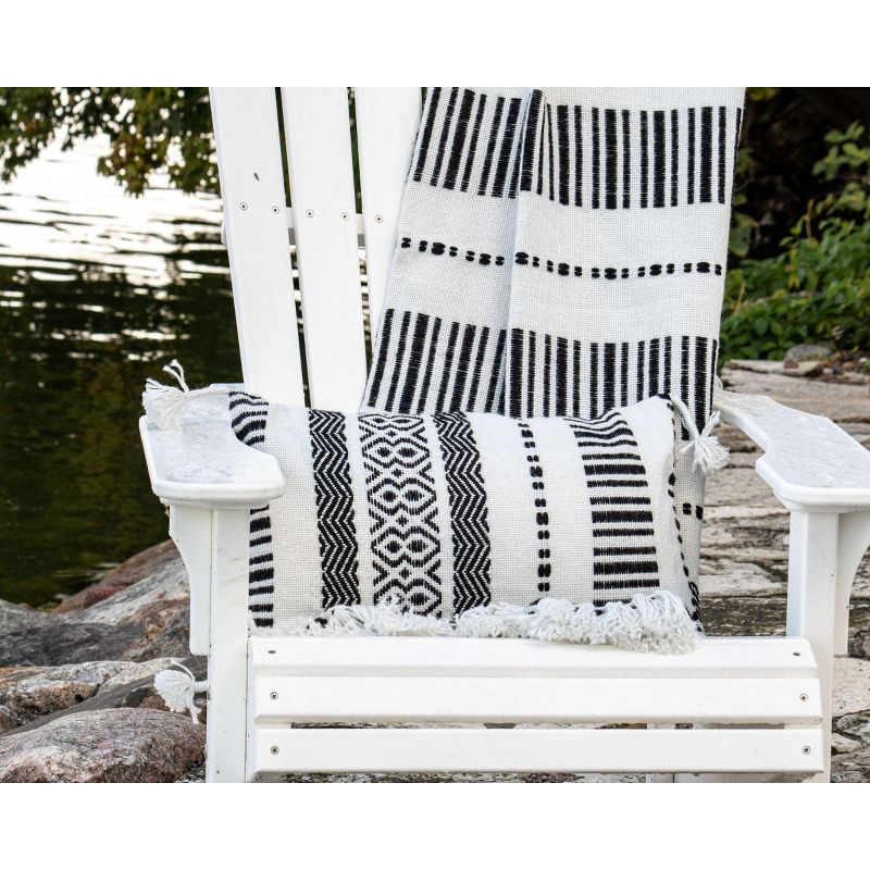 Black Striped Hand Woven 14x22" Outdoor Decorative Throw Pillow with Hand Tied Tassels - Foreside Home & Garden