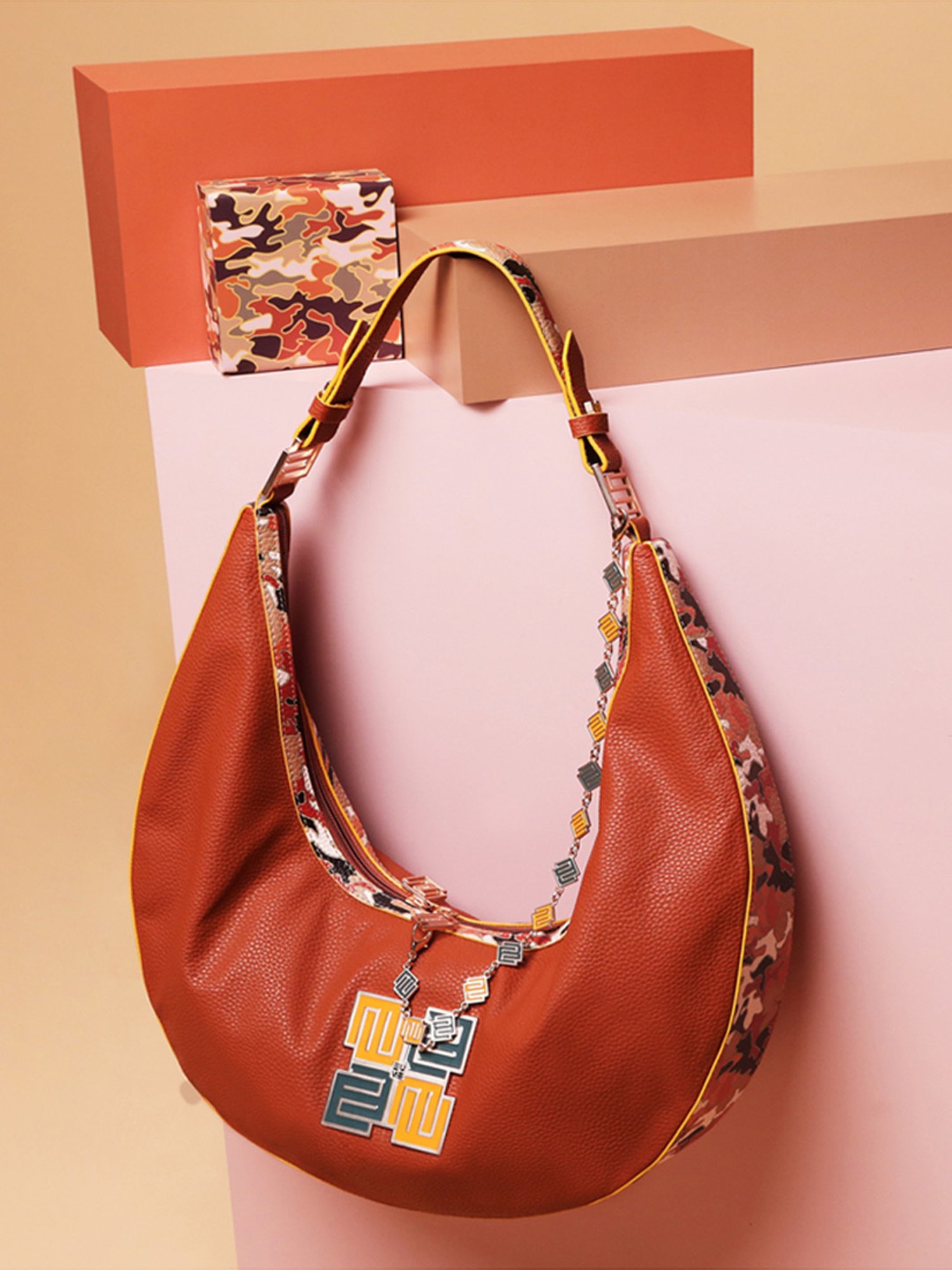 Eume Cinnamon Tangerine Camo Vegan Leather Hobo Shoulder Bag