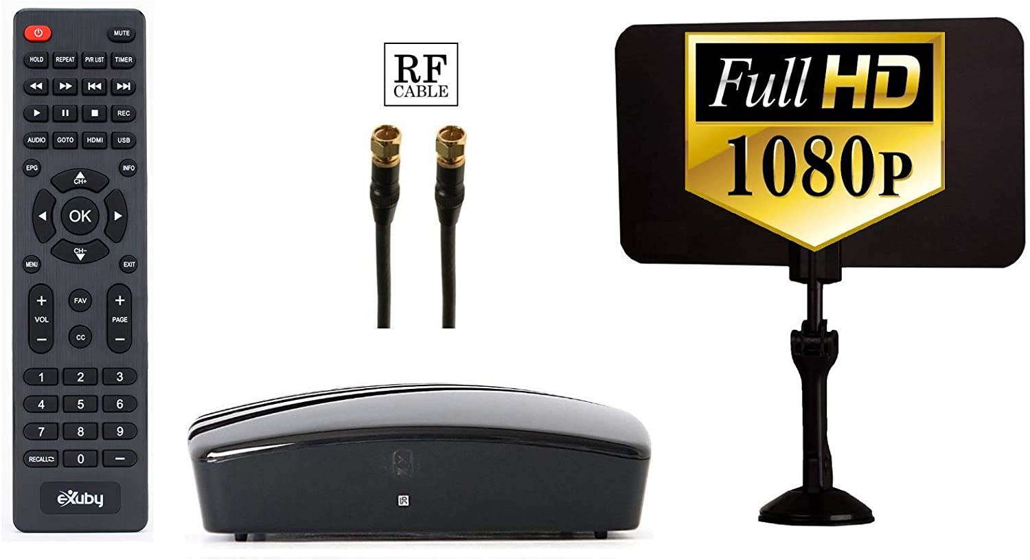 eXuby Digital Converter Box for TV - Digital Antenna - RF & RCA Cable - Complete Bundle to View and Record HD Channels (Instant or Scheduled Recording, 1080P HDTV, HDMI Output & 7 Day Program Guide)
