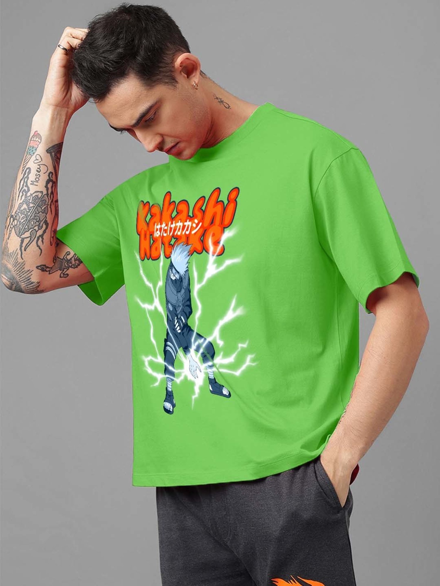 Free Authority Green Loose Fit Naruto Printed Crew T-Shirt