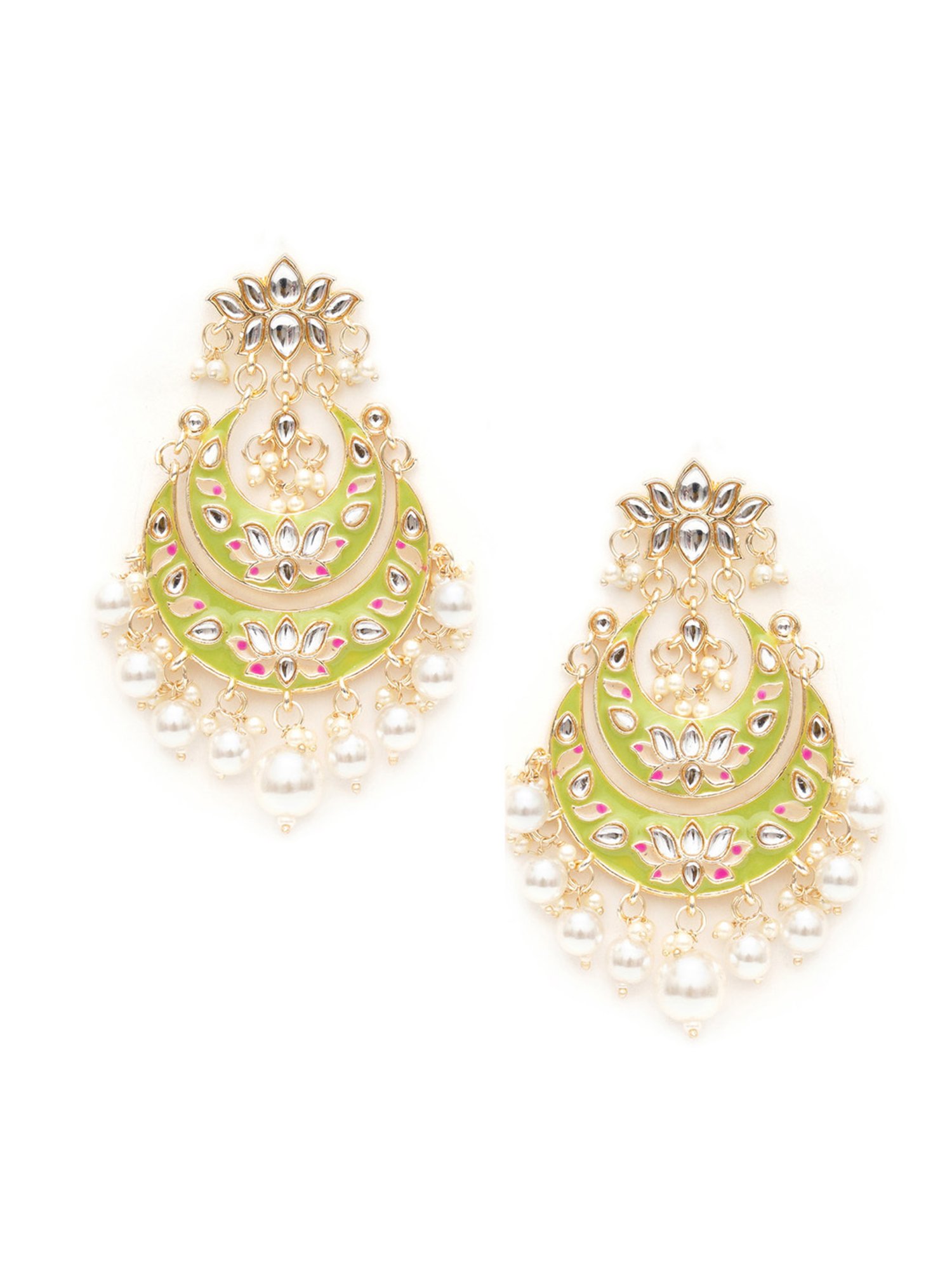 Karatcart Gold-Plated Light Green Meena Lotus Design Pearl Chand Bali Earrings
