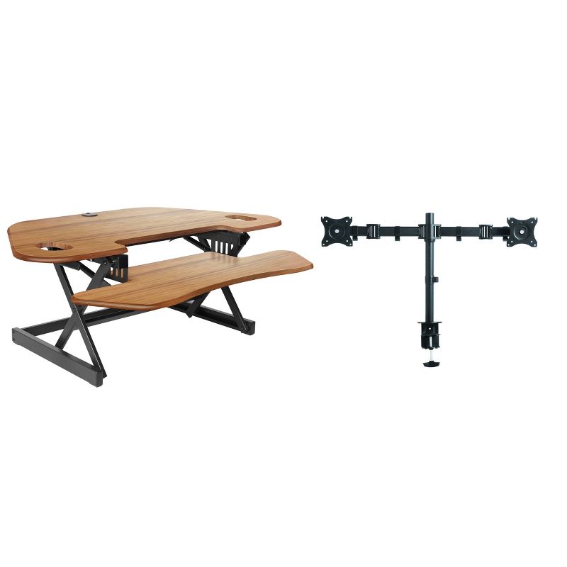 46" Adjustable Height Corner Standing Desk Converter with Dual Monitor Arm Bundle Teak Wood Grain - Rocelco