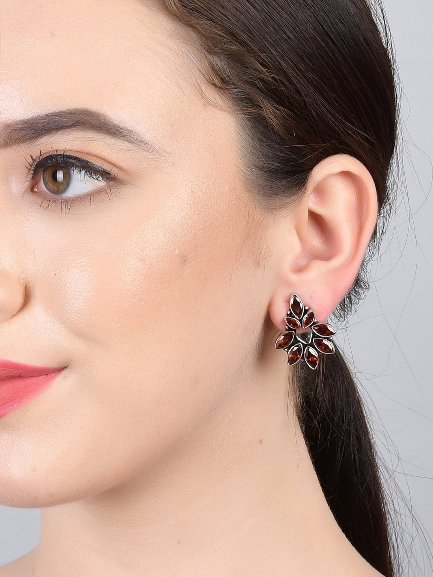 Imli Street Orange Silver Tone Stone-Studded Handcrafted Stud Earrings