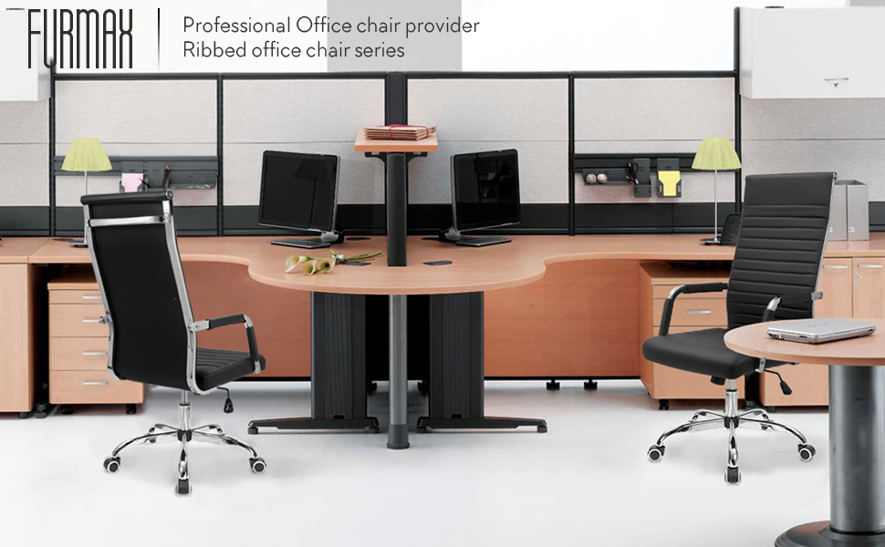 Furmax Ribbed Office Chair High Back PU Leather Executive Conference Desk Chair Adjustable Swivel Chair With Arms (Black)