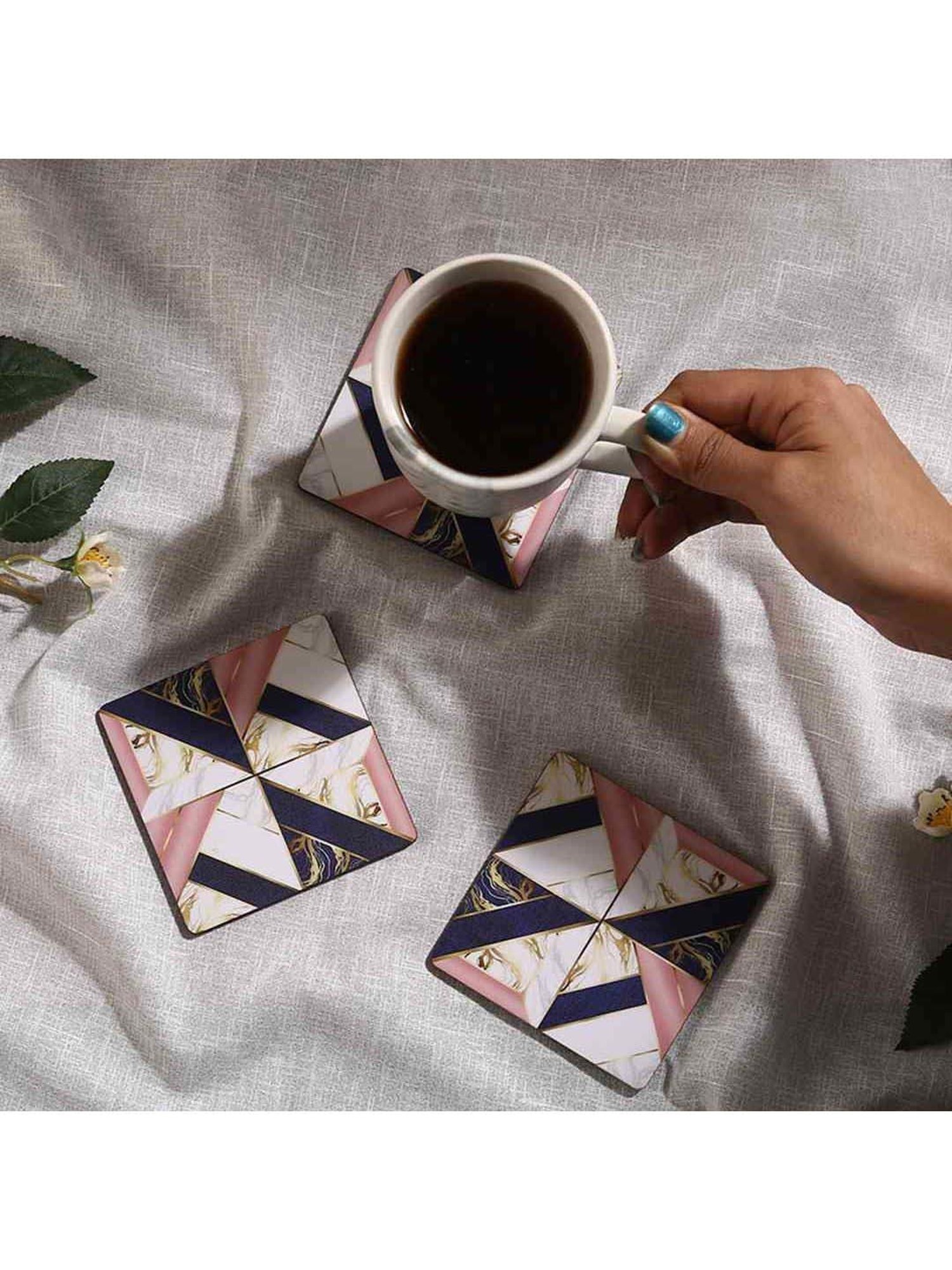 Crayton Hexagon Beige Geometric MDF Coaster - Set of 4