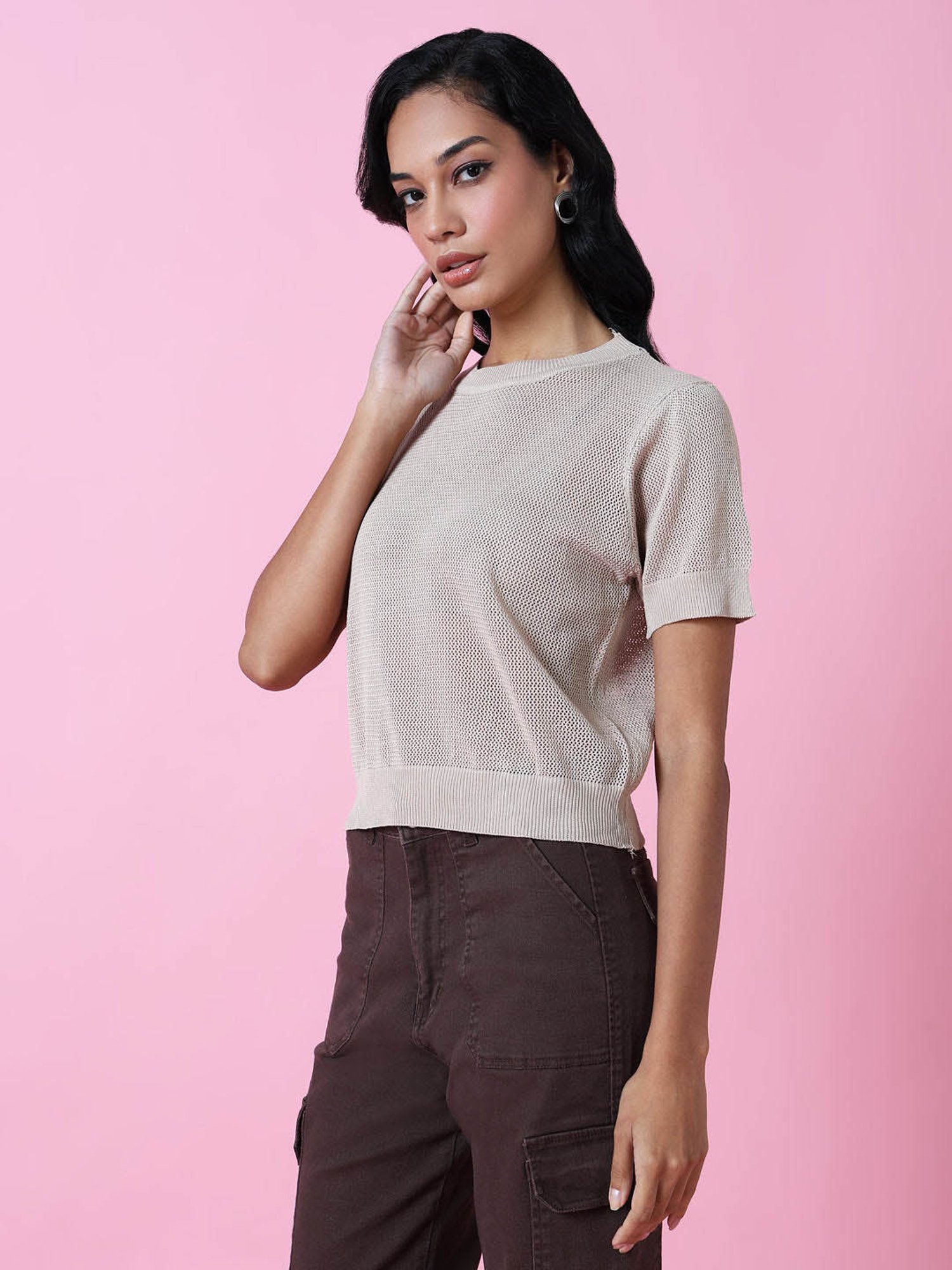 SHOWOFF Beige Self Design Top