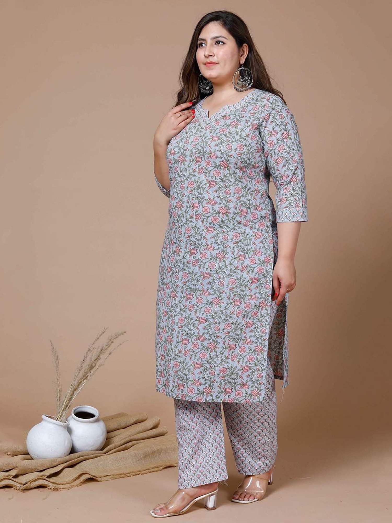 Miravan Blue Floral Print Plus Size Kurta & Palazzo Set