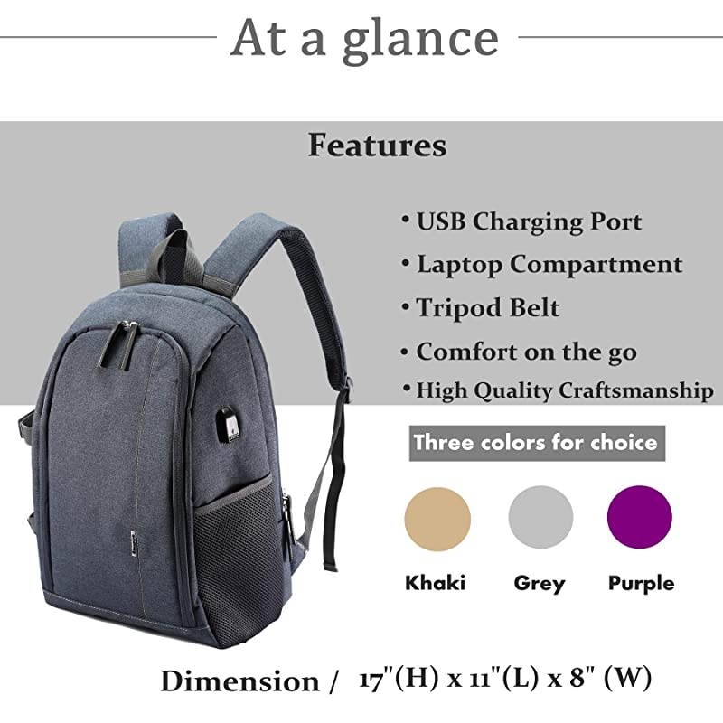 Camera Backpack PhotoBackpack Waterproof with Laptop Compartment/Tripod Holder for Nikon,Canon,Sony,Panasonic (Grey)