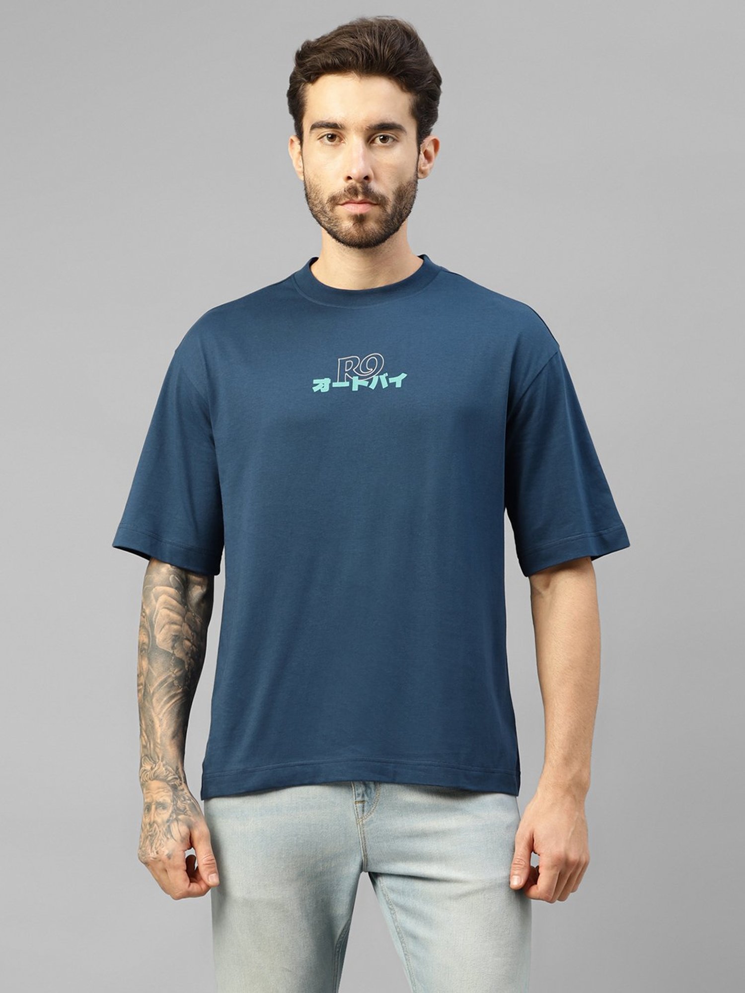 Royal Enfield Blue Regular Fit Printed Oversized Crew T-Shirt