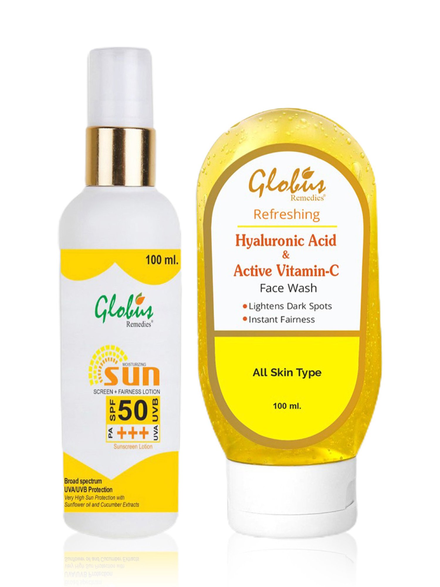 Globus Remedies Sunscreen Fairness Lotion SPF 50+++ & Vitamin C & Hyaluronic Acid Face Wash Combo